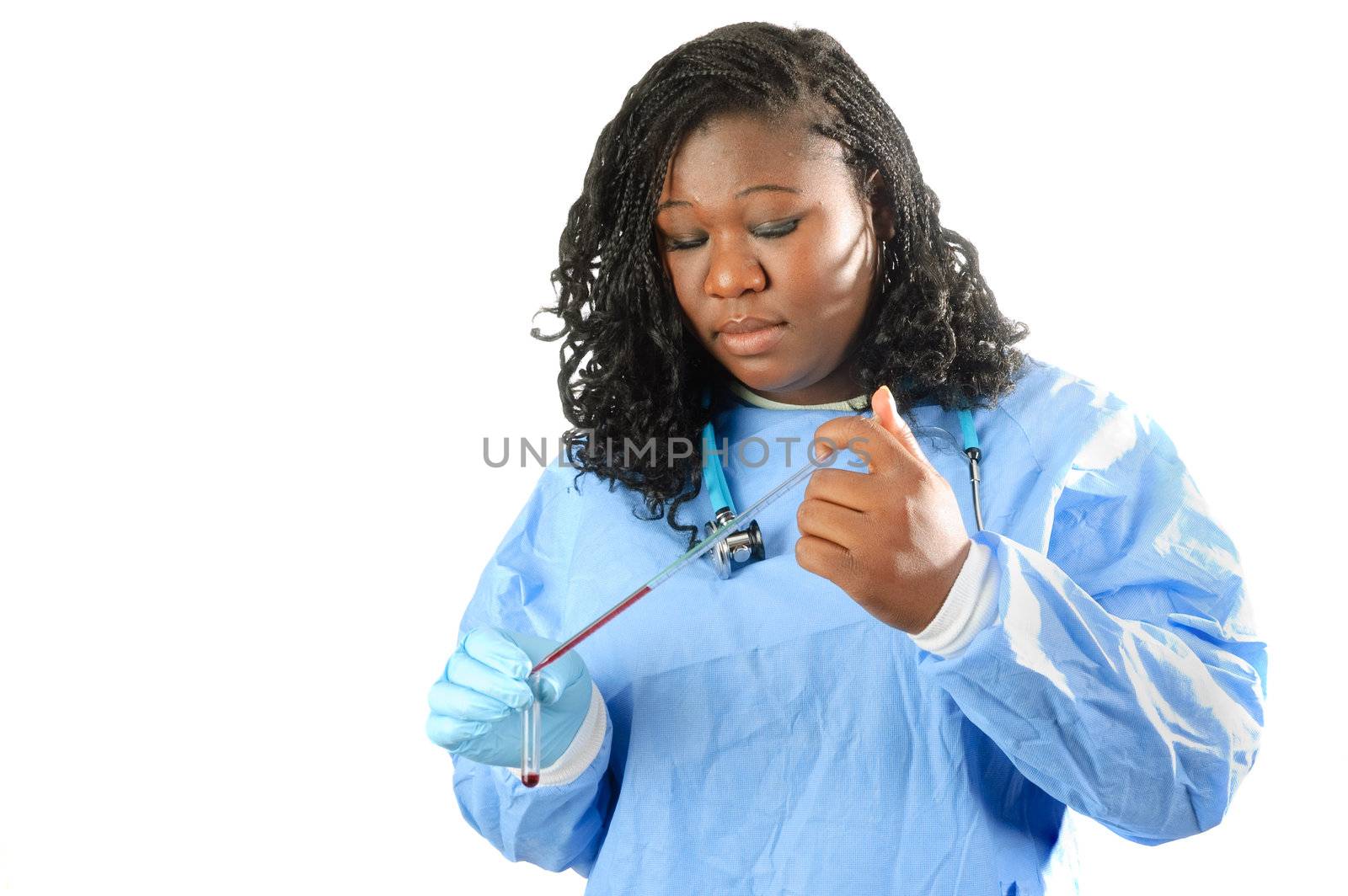 young african american nurse using pipette to place blood sample into test-tube ready for a blood plasma test