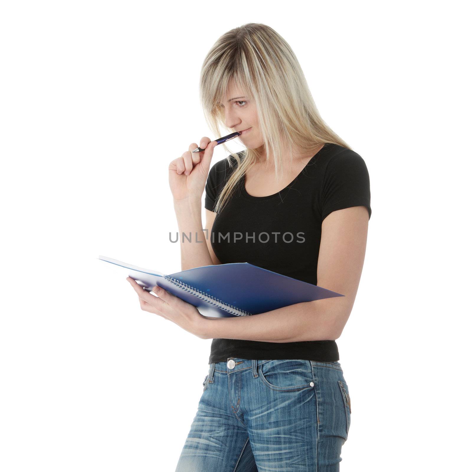 Student woman with note pad isolated on white background