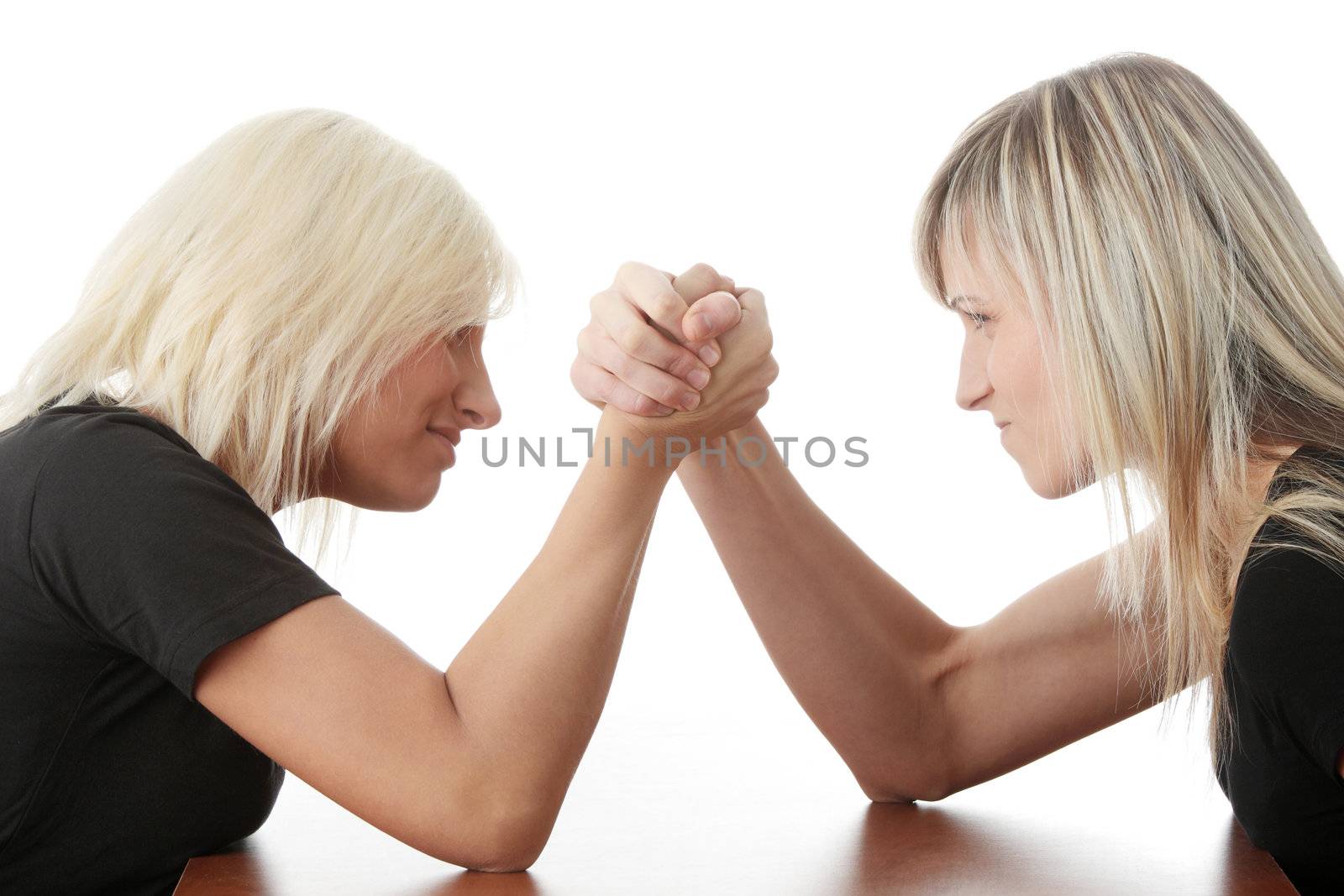 Two woman competition. Isolated on white background