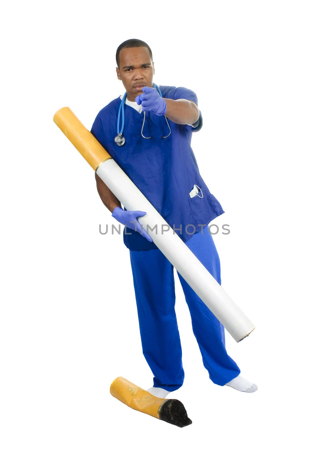 male Doctor or nurse with large cigarette and stub admonishing the viewer for smoking 