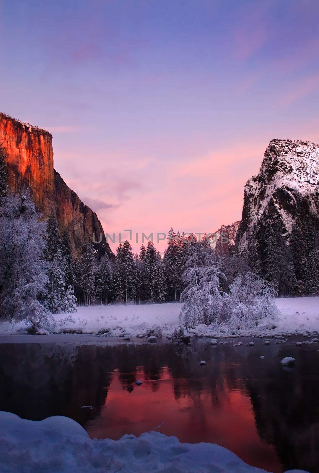 El Capitan and the Merced river at sunset in Yosemite valley, California during winter