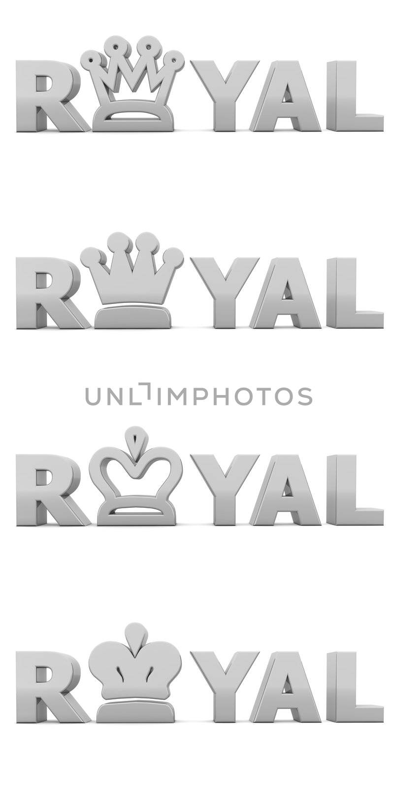 word Royal with shiny silver - grey letters - letter O is replaced by differently styled crowns