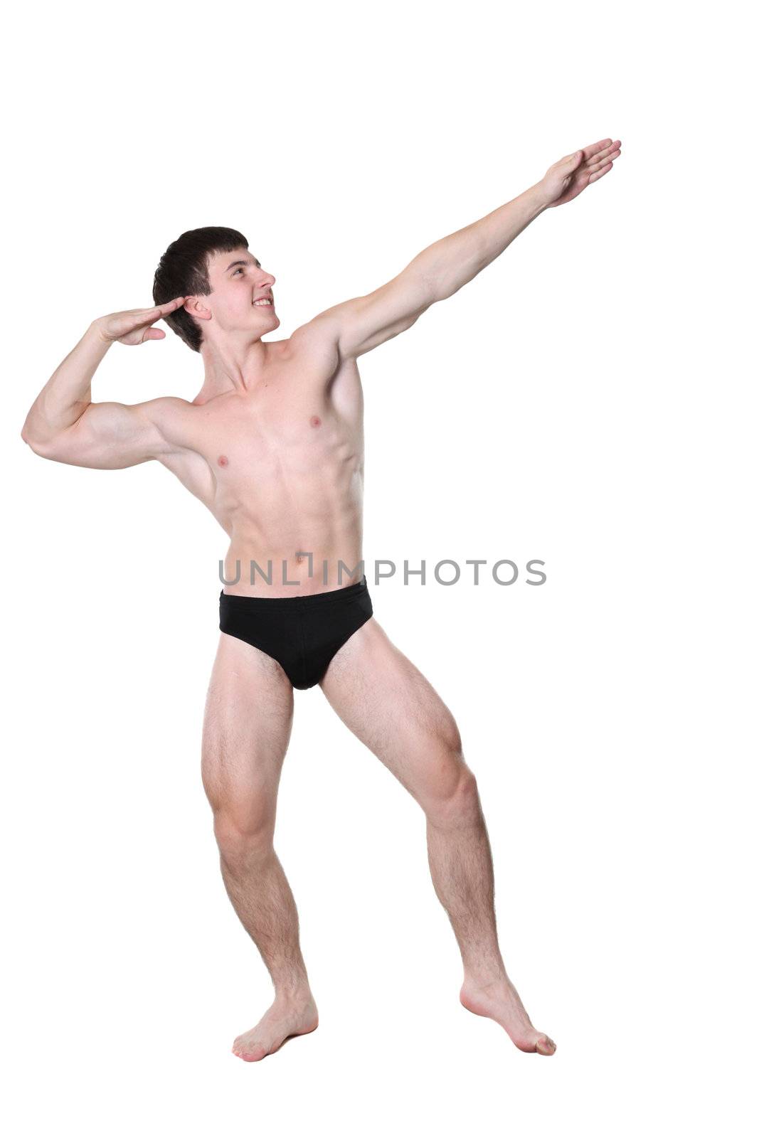 The young body builder poses with greater muscles on a white background