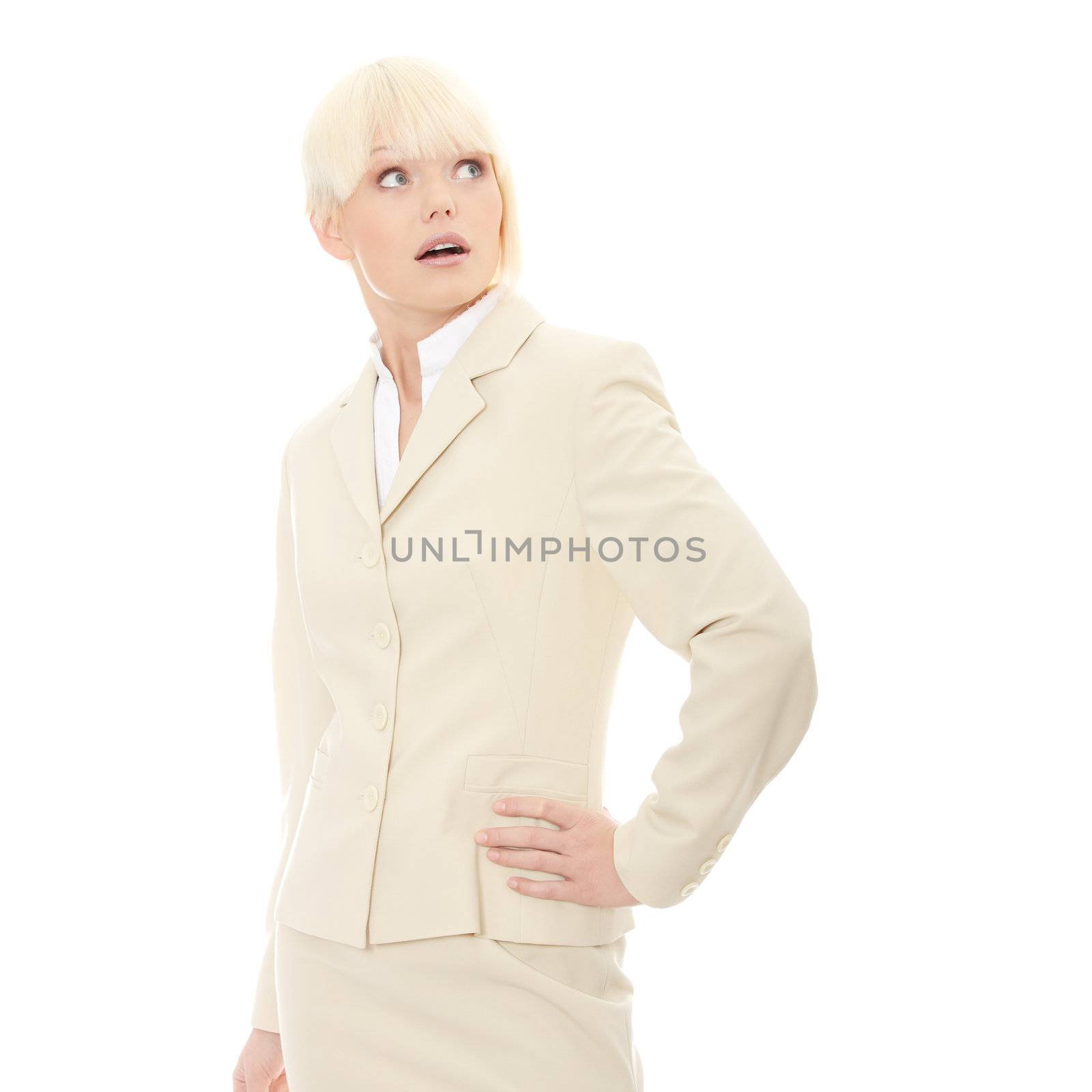 Amazed business woman isolated on white background