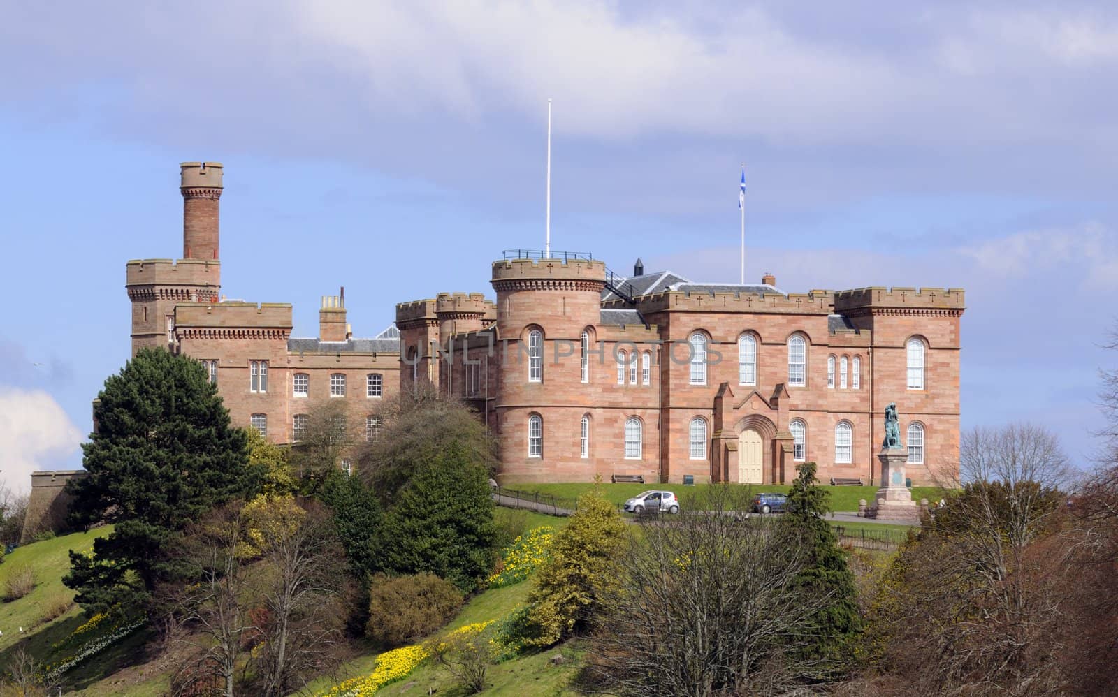 Hilltop Castle on embankment above the Rivar Ness at Inverness in Scotland