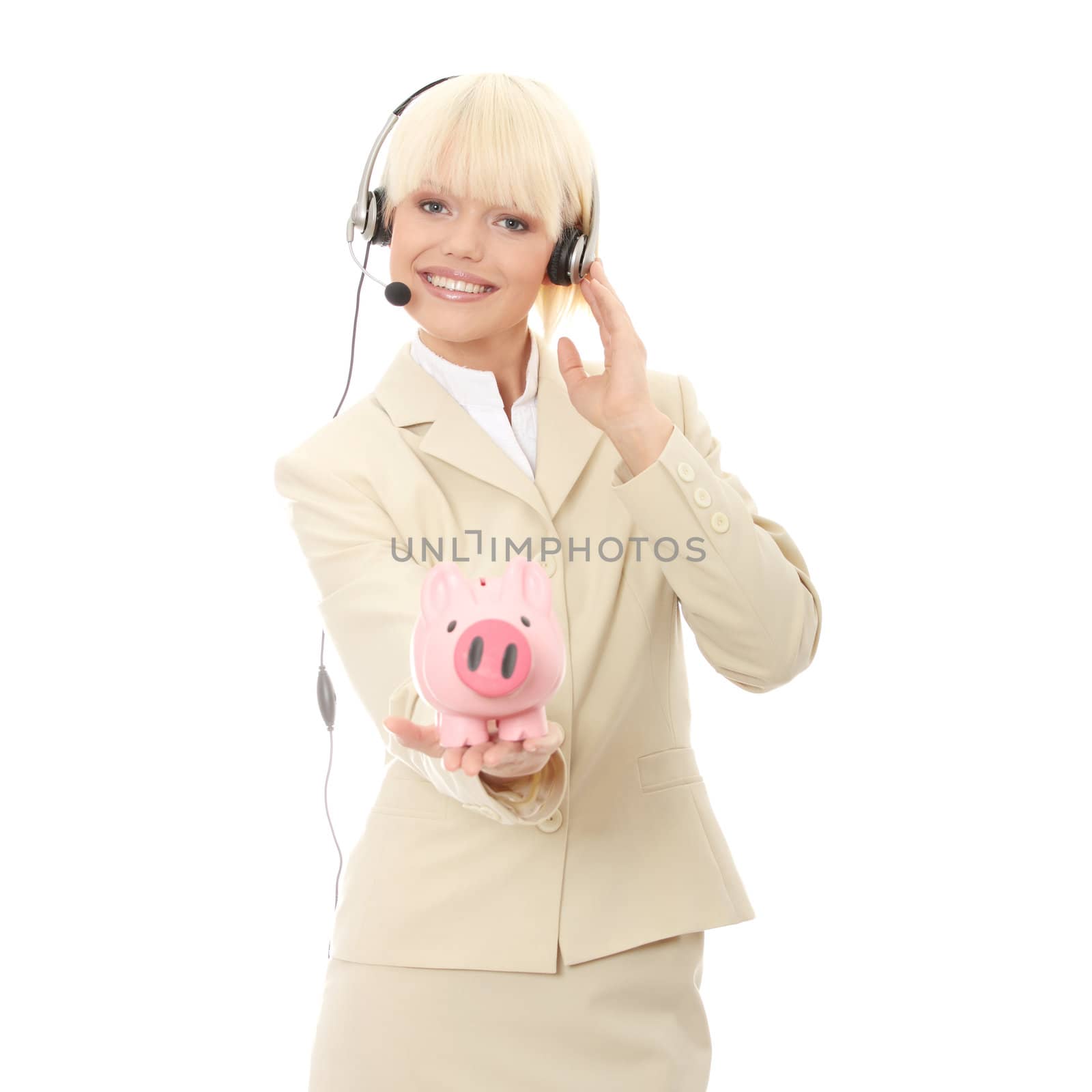 Young business woman with headset holding piggy bank