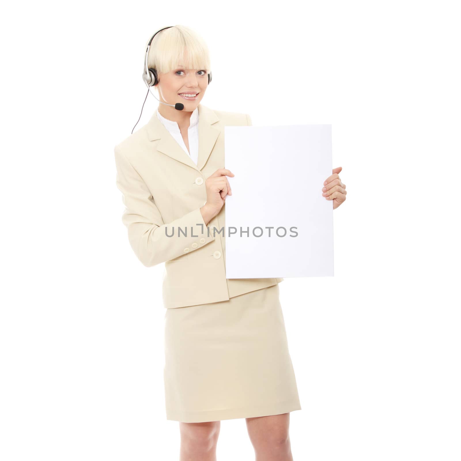 Call center woman with headset holding blank sign. Isolated on white background.