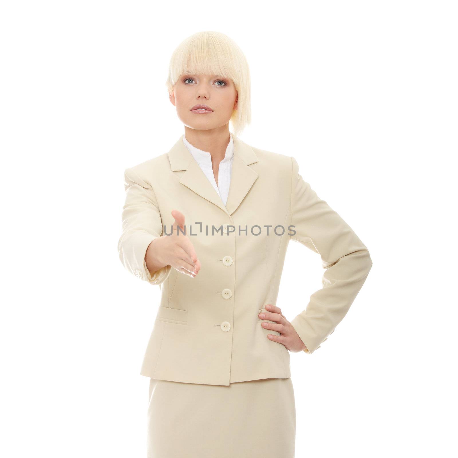 Businesswoman extend hand over white background