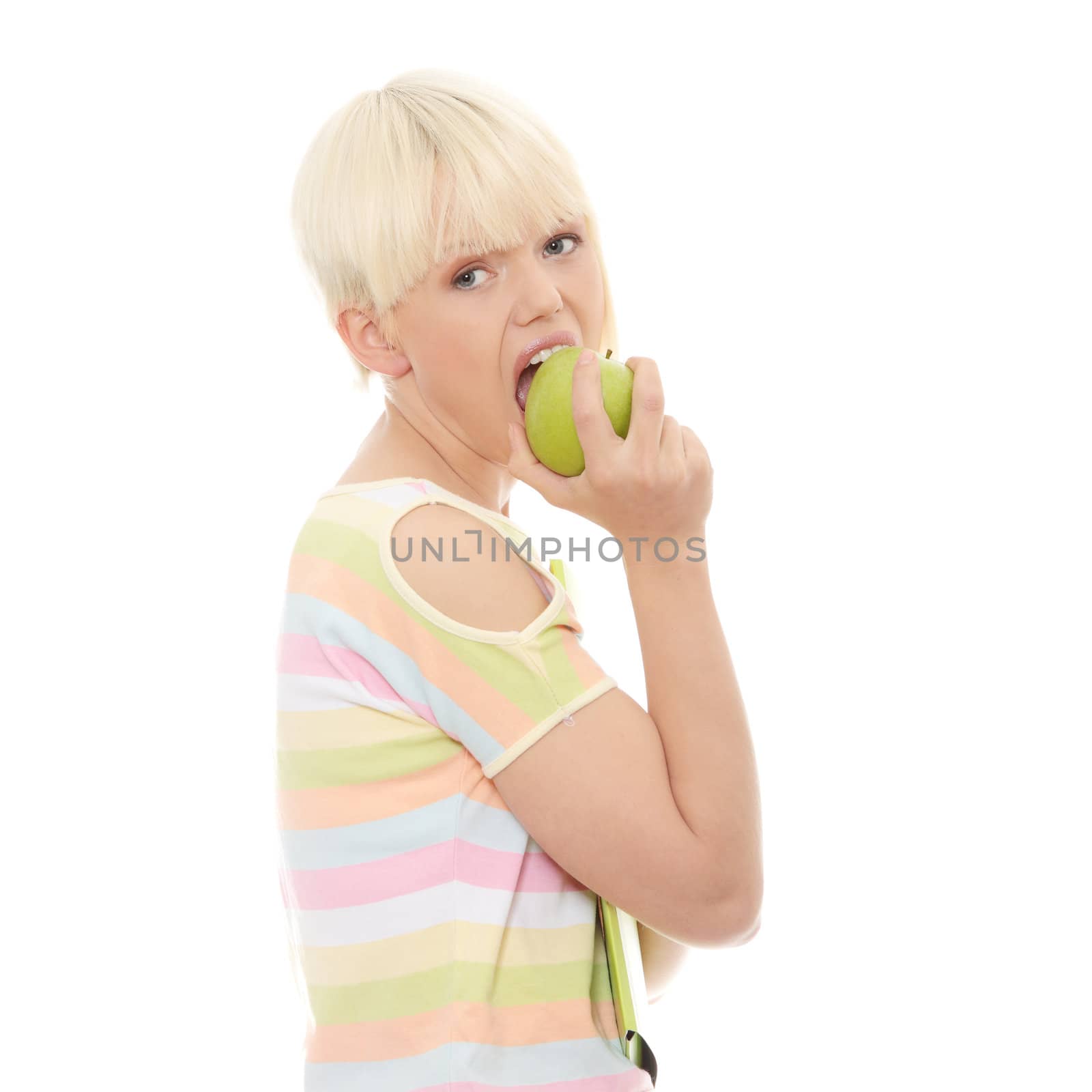Beautiful young woman eating apple by BDS