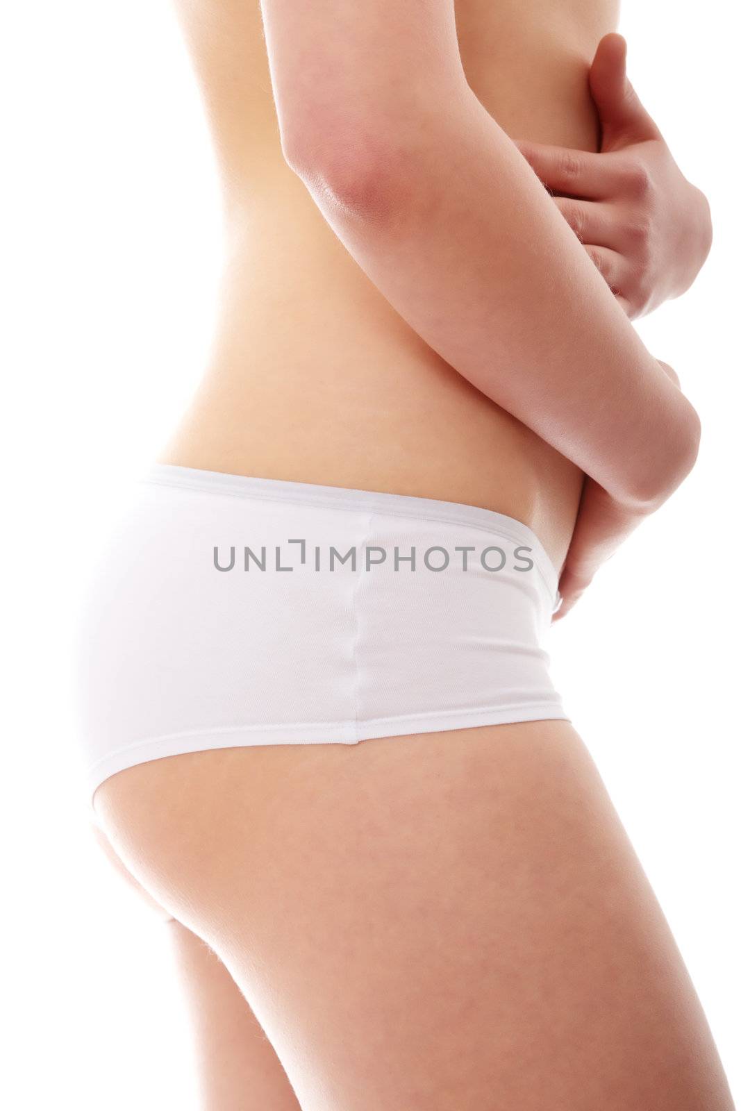 Close up photo of body of young fit female, isolated on white