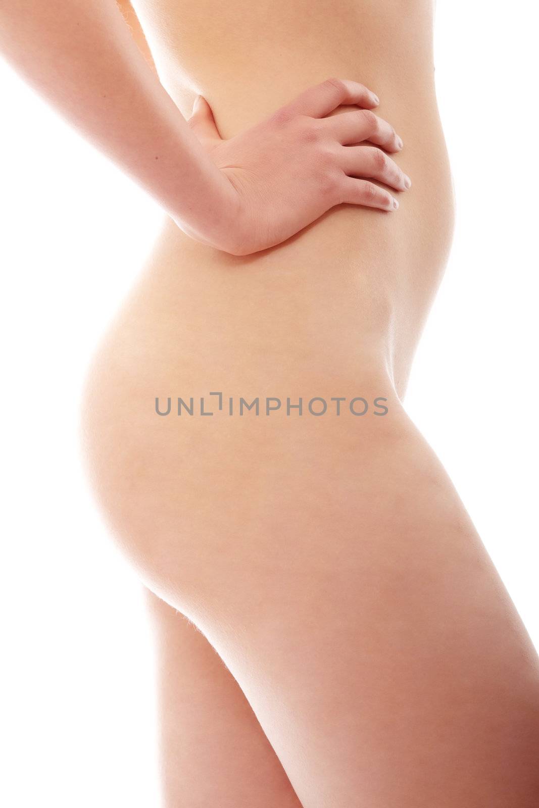 Close up photo of nude body of young fit female, isolated on white