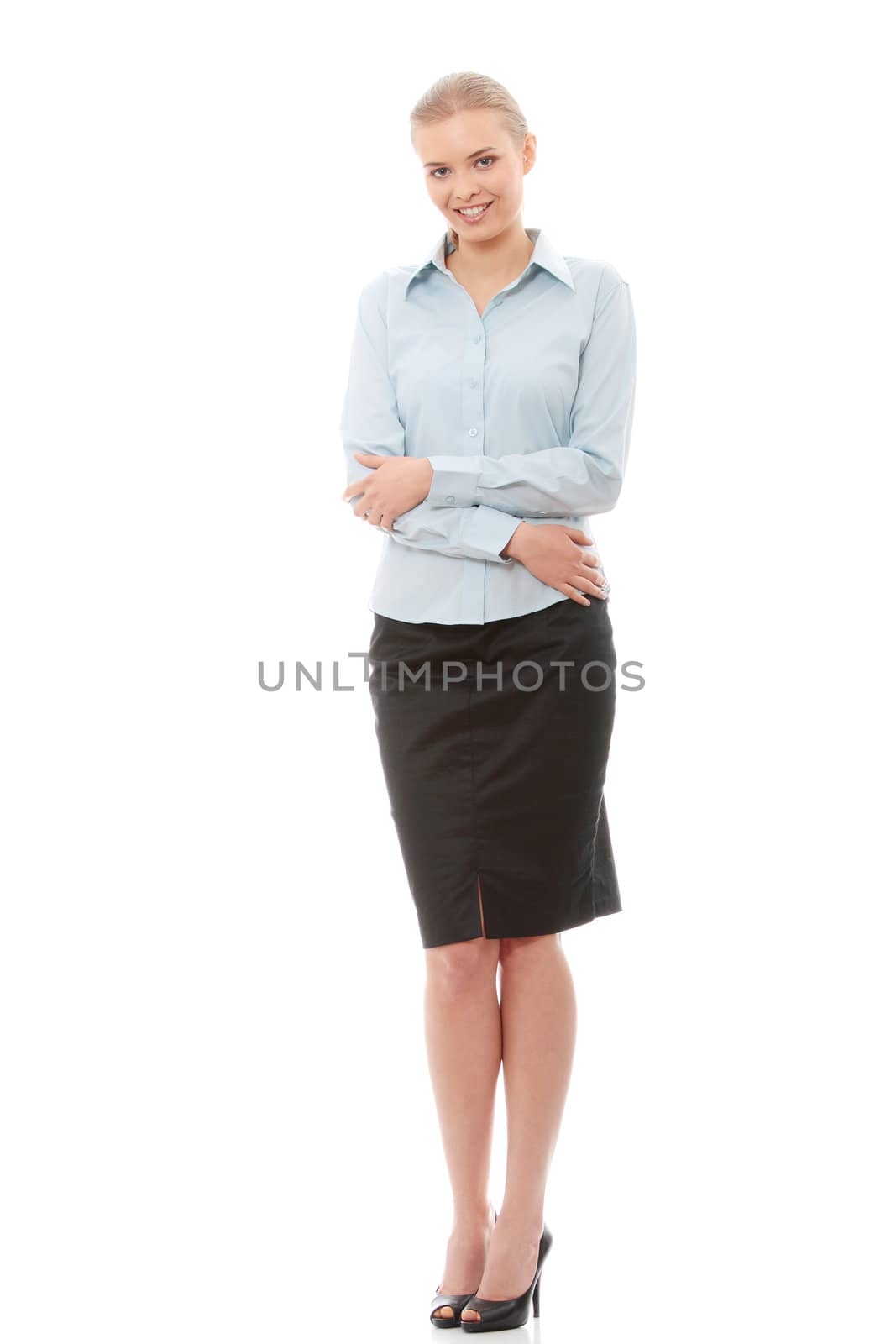 Young happy businesswoman, isolated on white