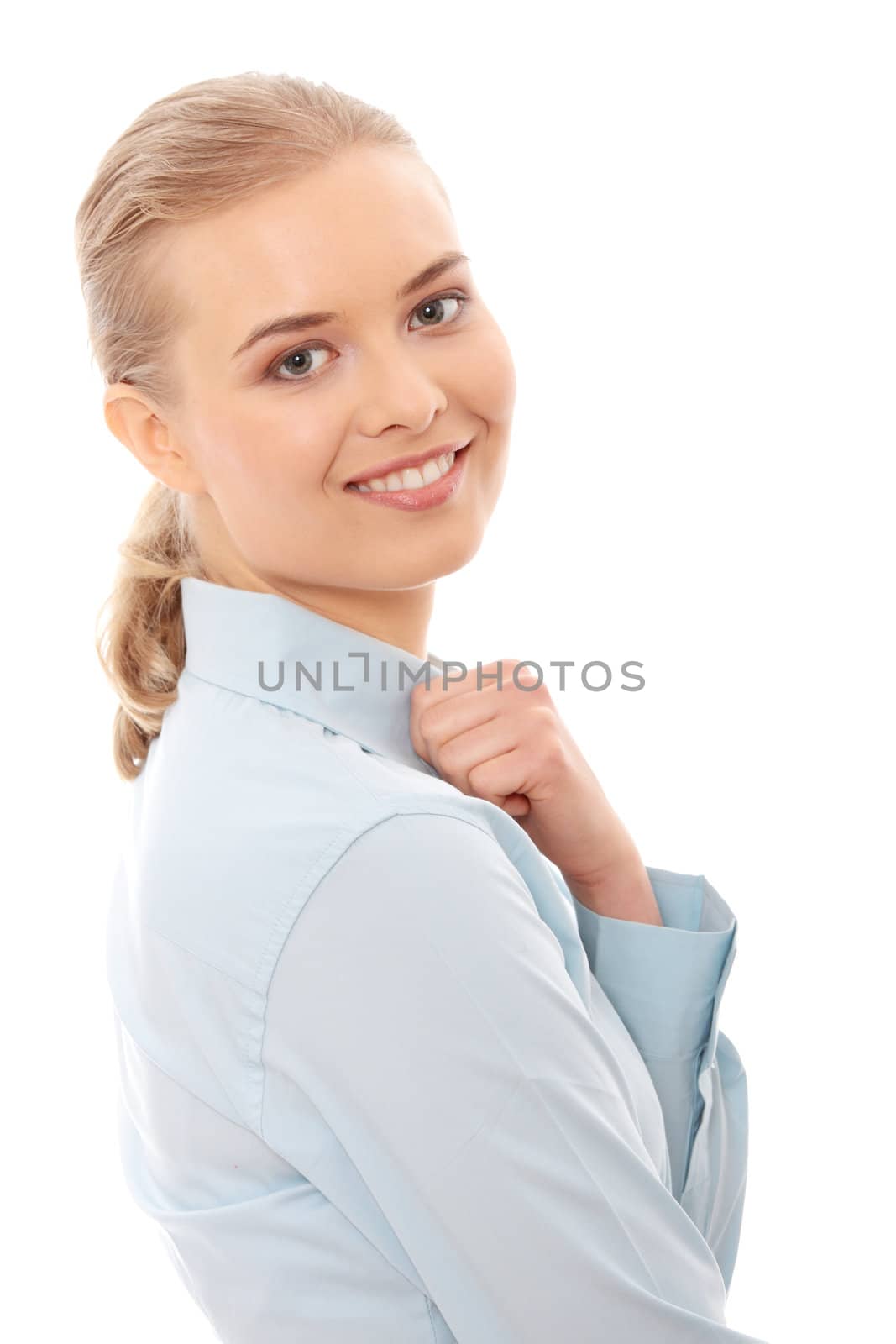 Young happy businesswoman, isolated on white