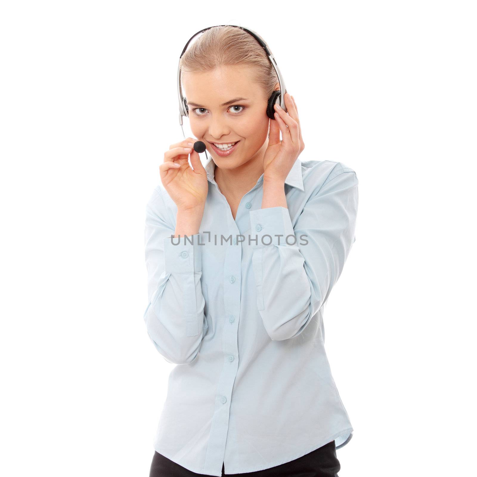 Call center woman with headset. Isolated on white background.