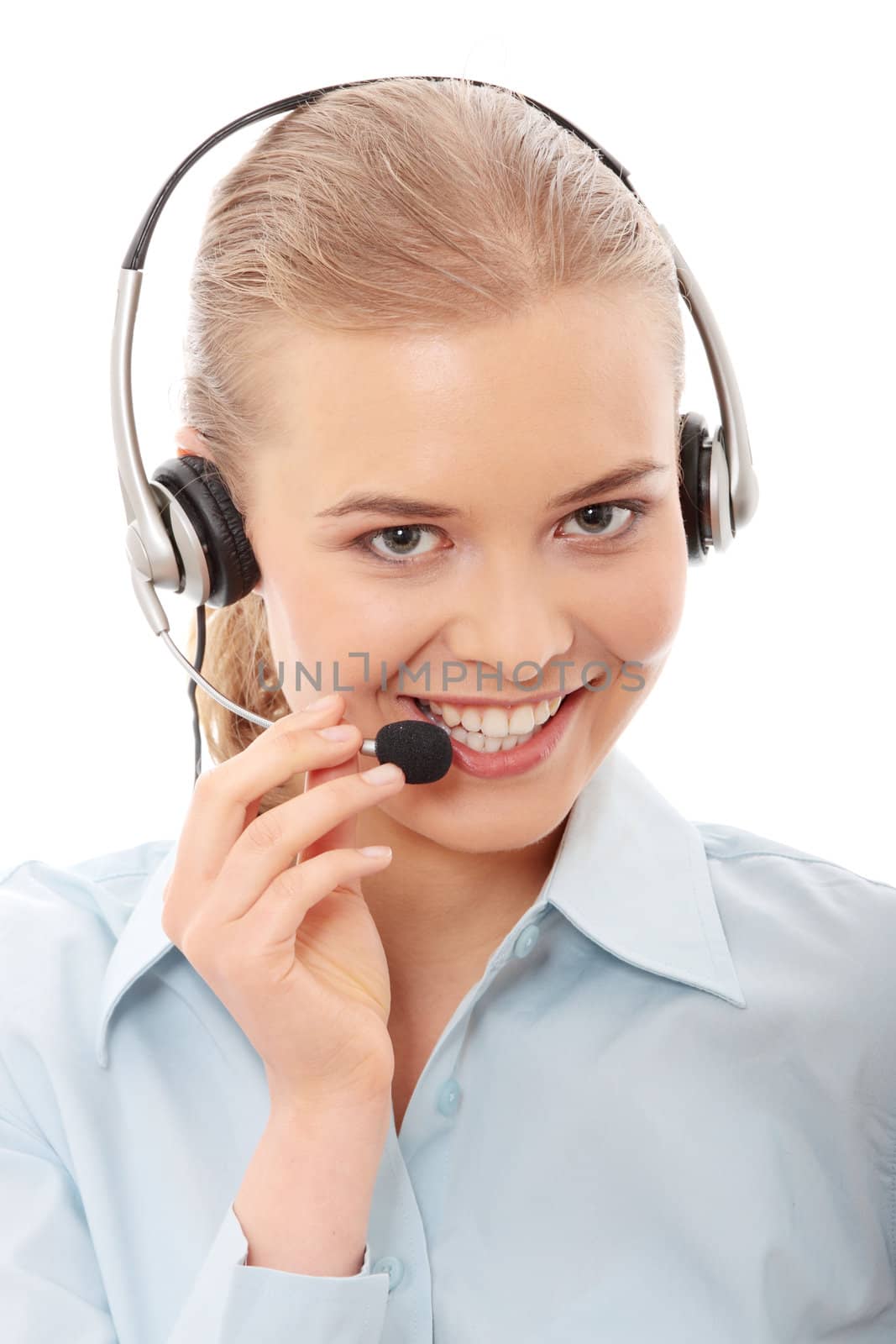 Call center woman with headset. Isolated on white background.