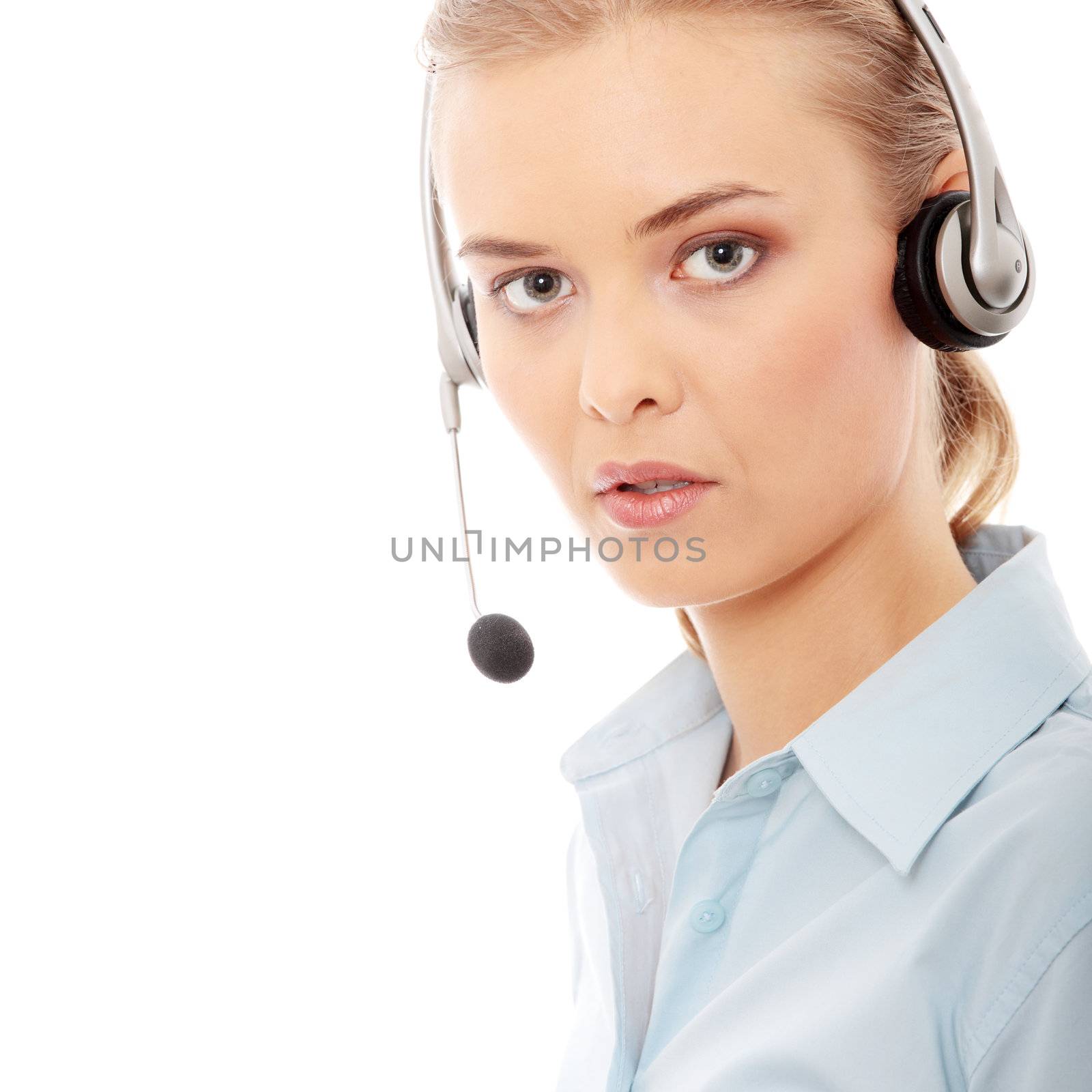 Call center woman with headset. Isolated on white background.