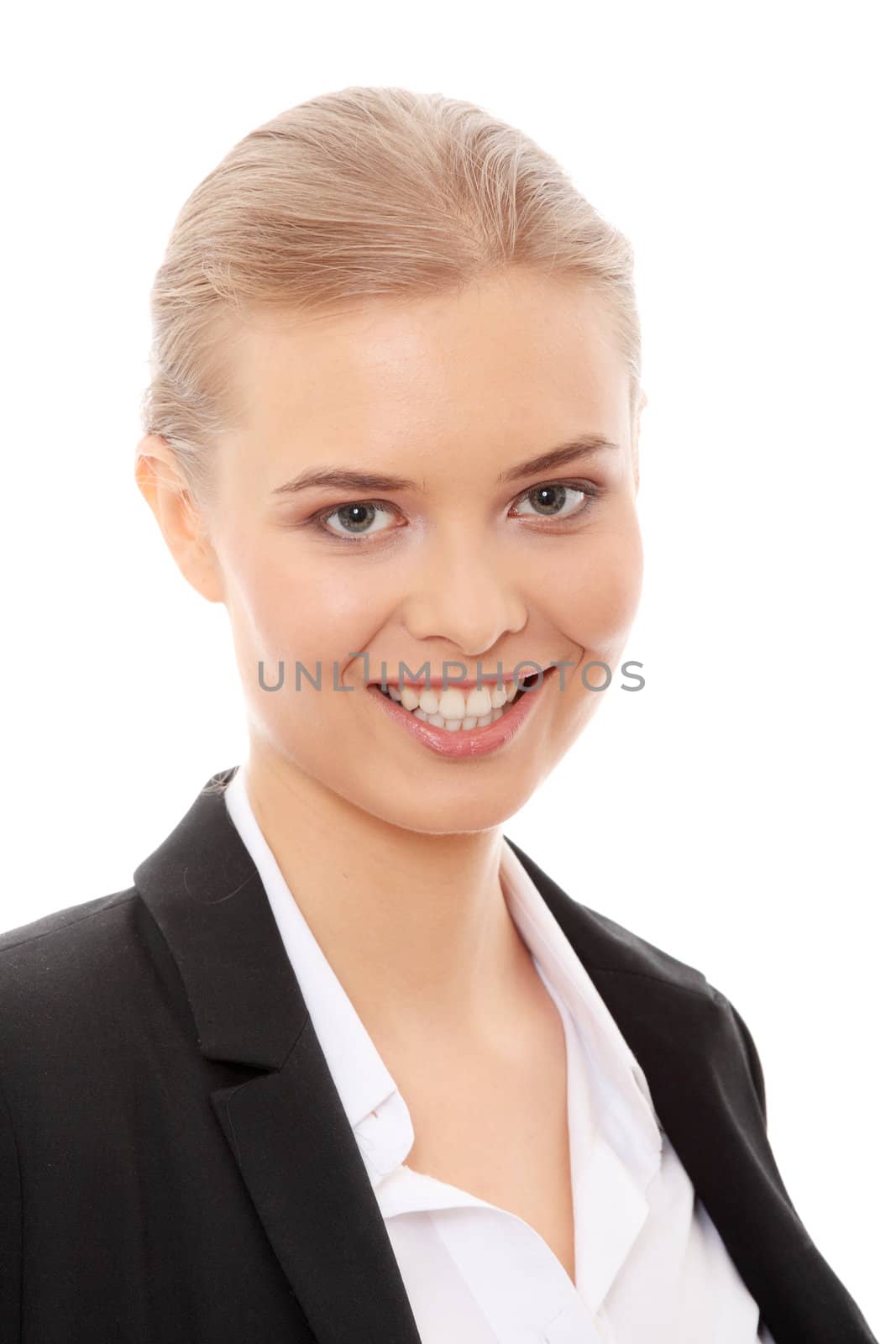 Young happy businesswoman, isolated on white