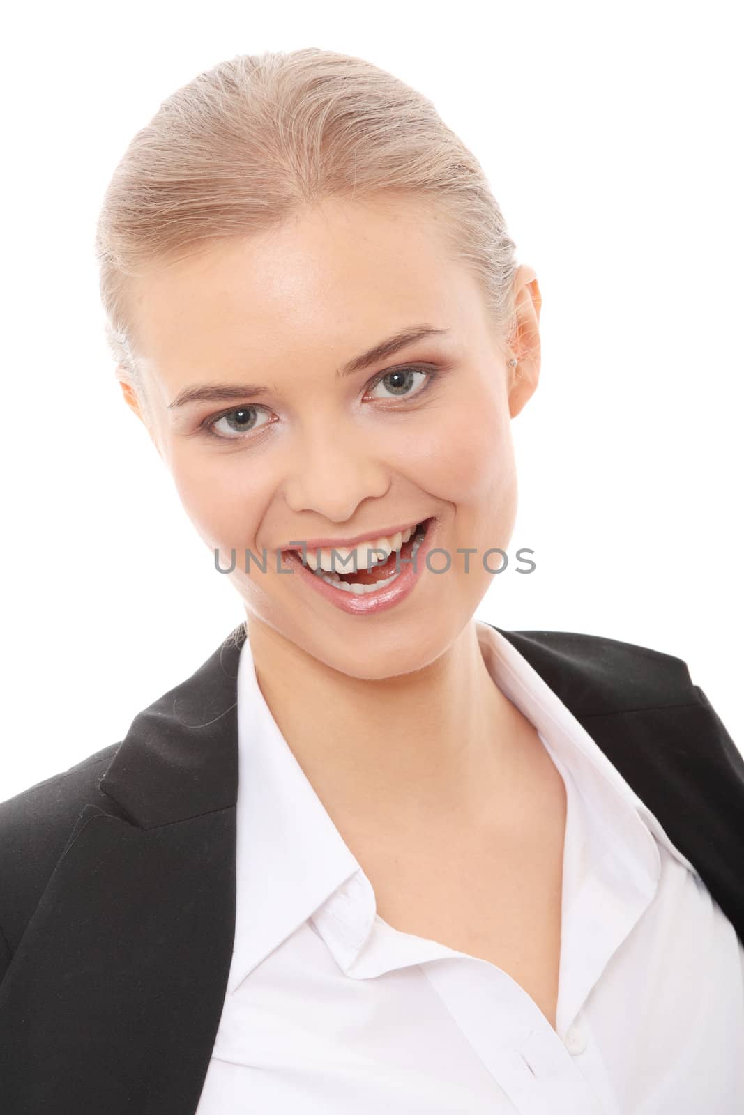 Beautiful blond caucasian businesswoman isolated on white
