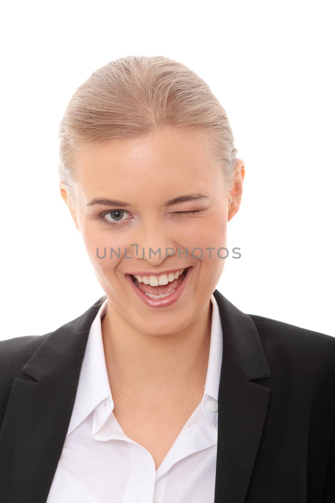Businesswoman with big smile blinking. Isolated on white background