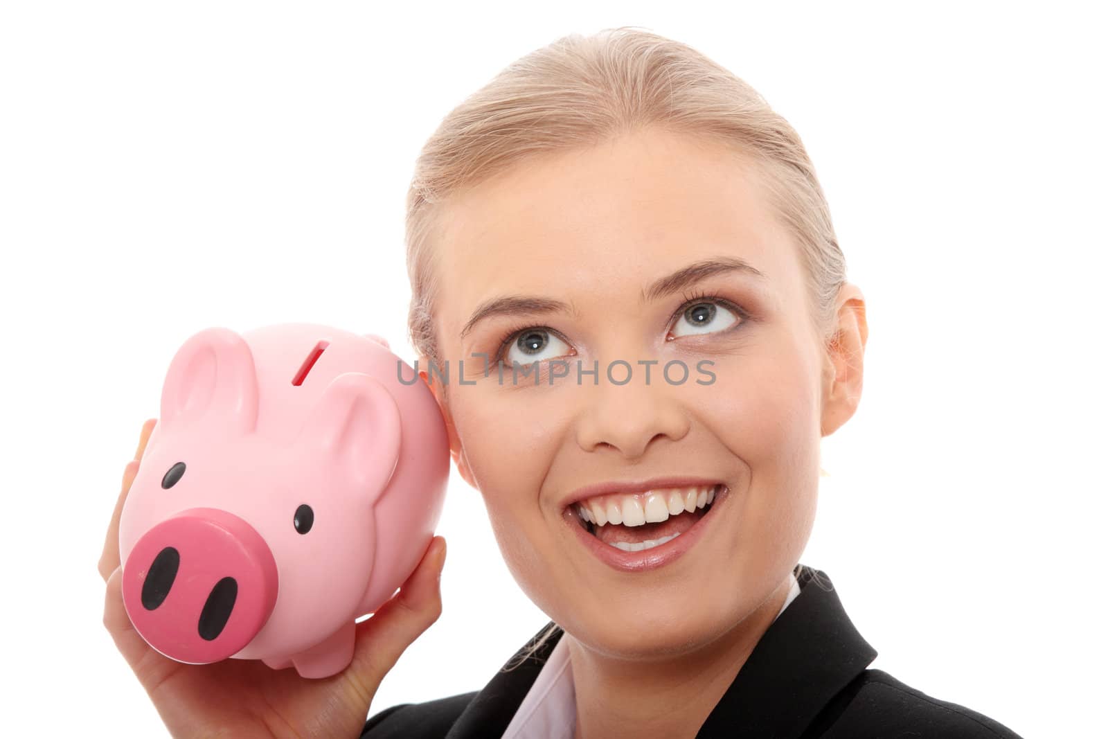 Businesswoman holding piggy bank. Isolated on white background