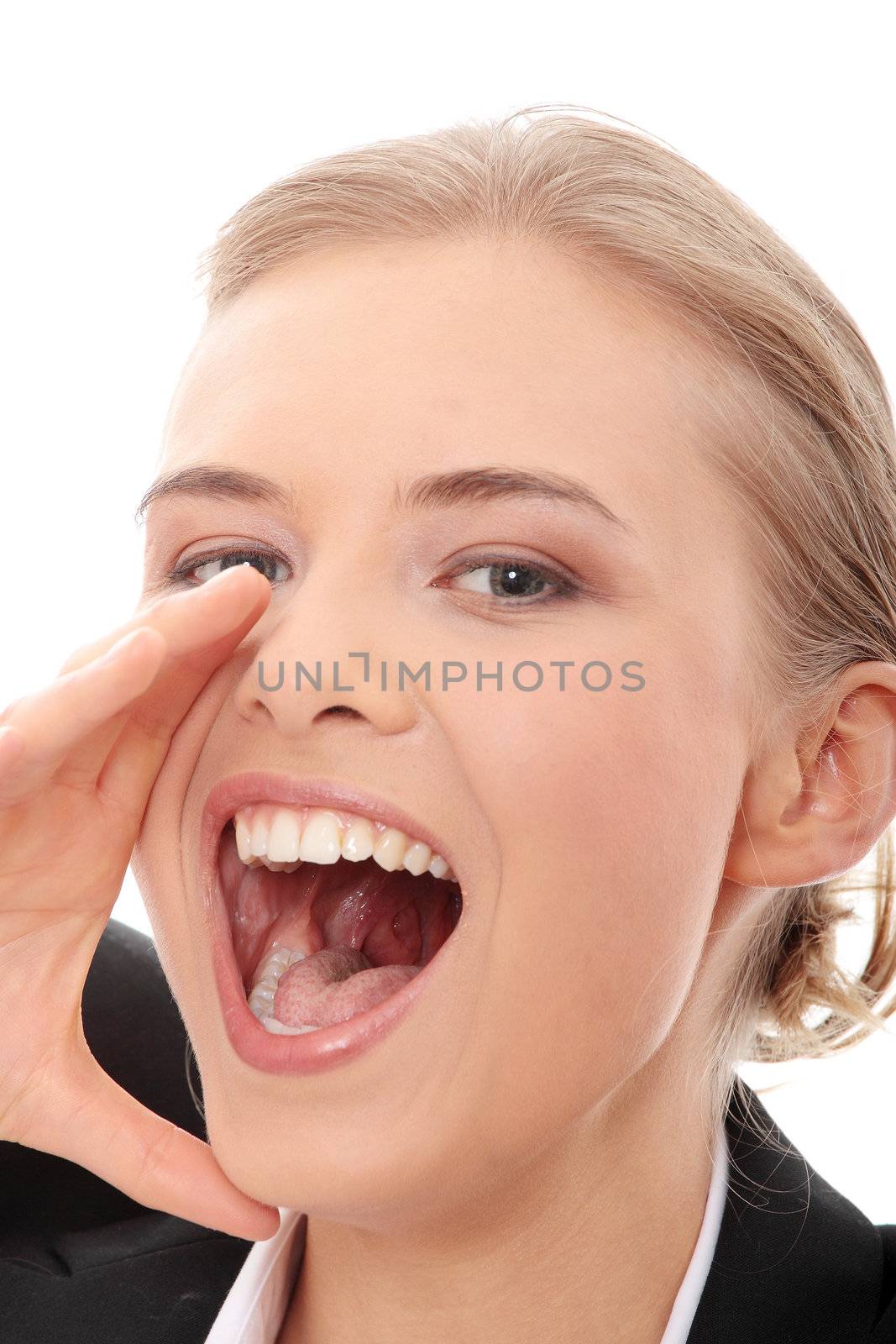 Young business woman shouting, isolated on white background