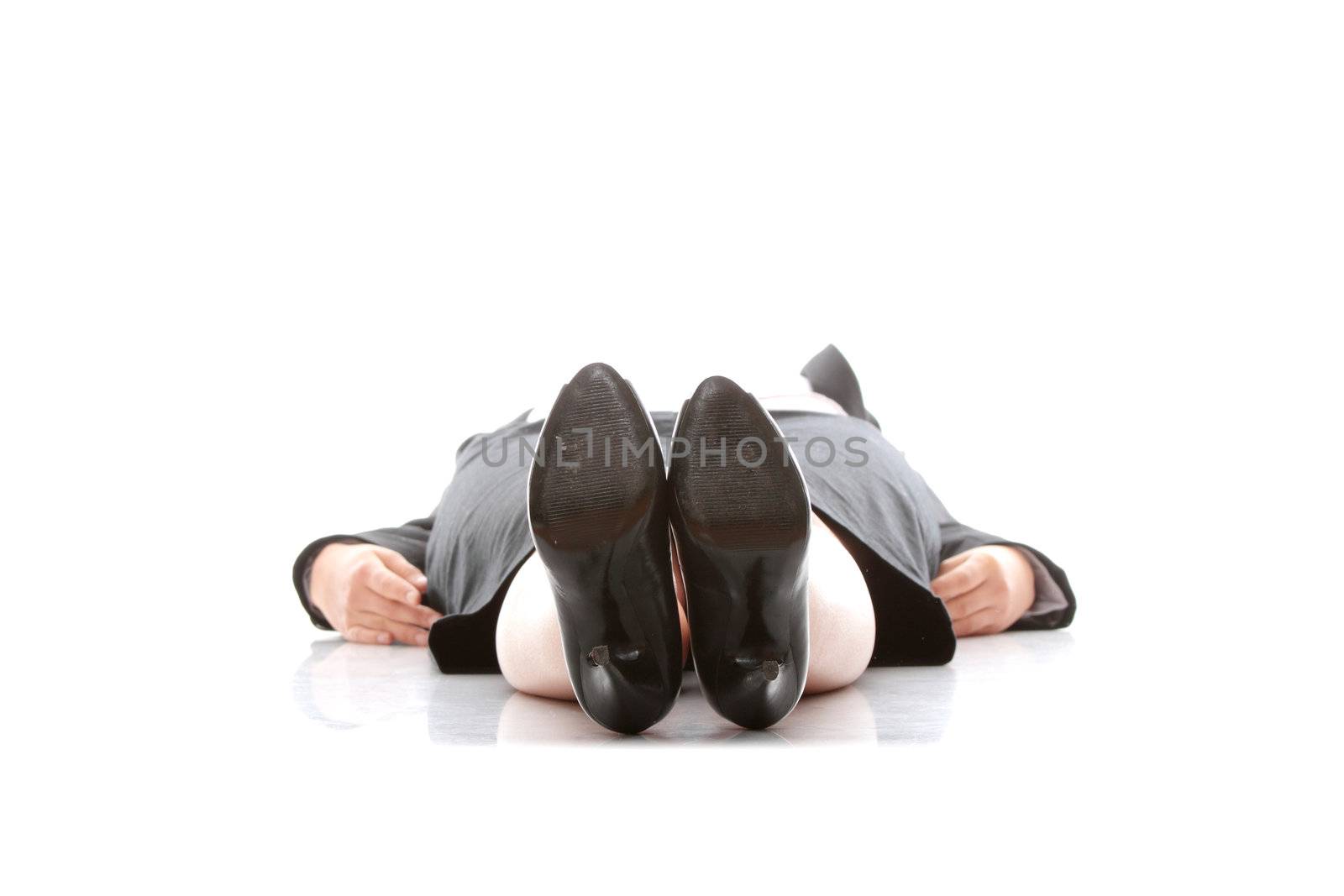 Businesswoman lying on the flor, isolated on white background