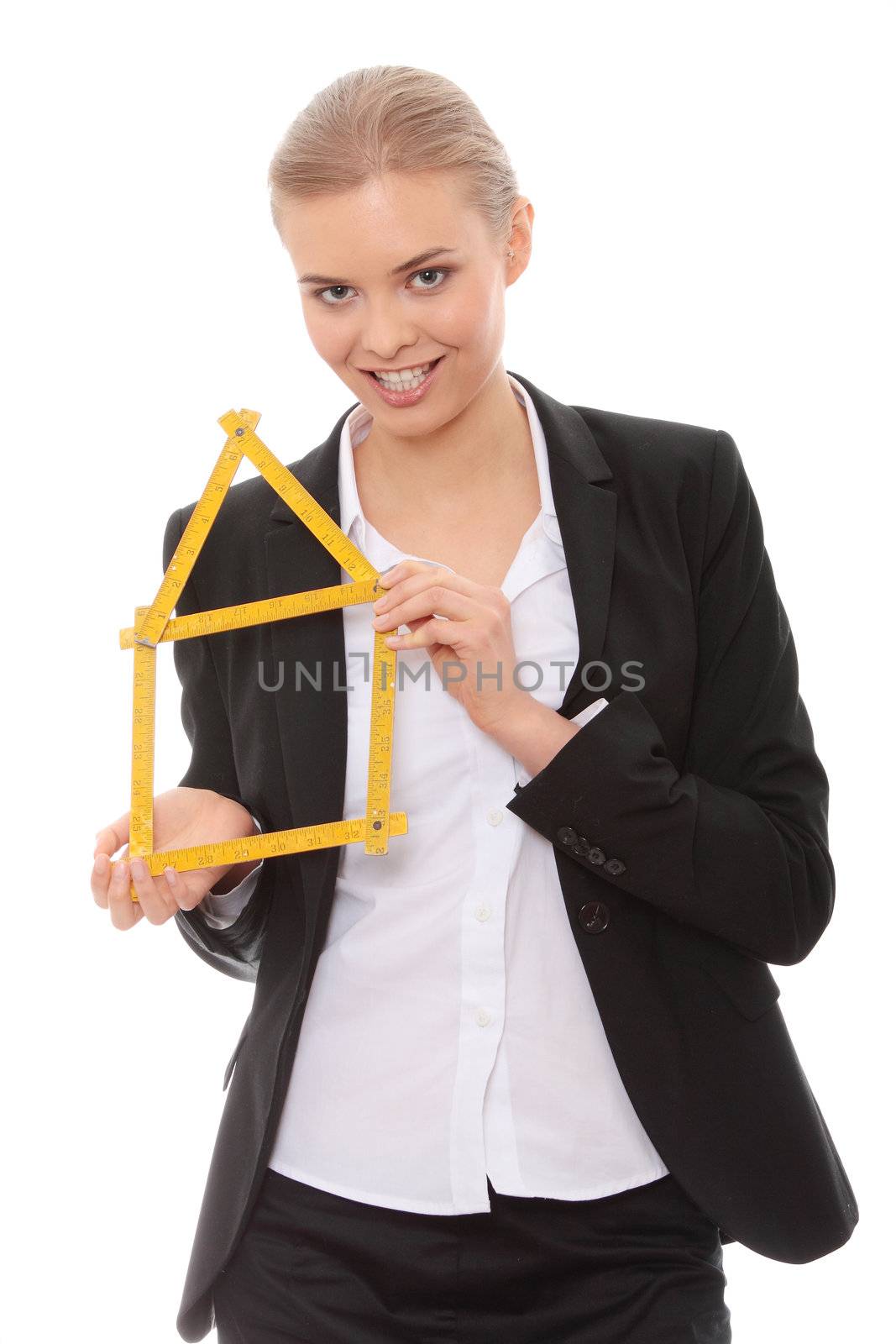 Beautiful businesswoman with house model , isolated on white background