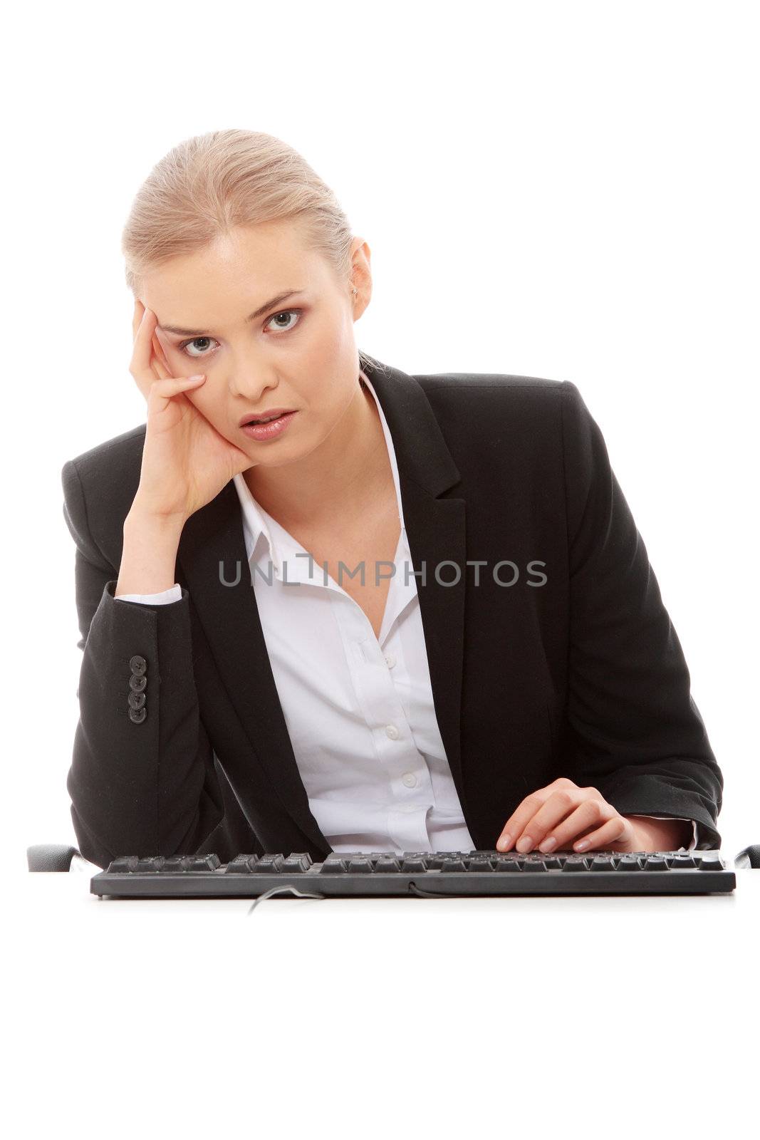 Bored businesswoman working on pc, isolated on white background