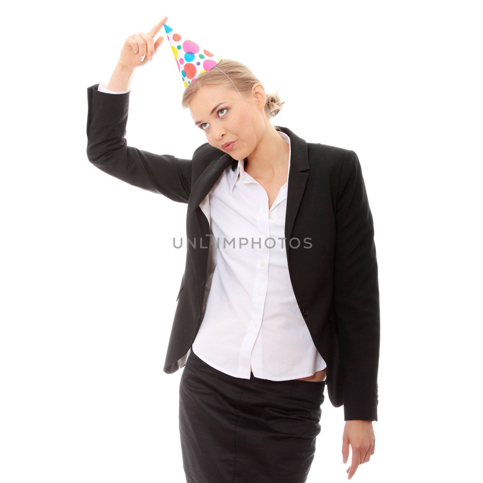 Young happy woman in business suit wearing party favors