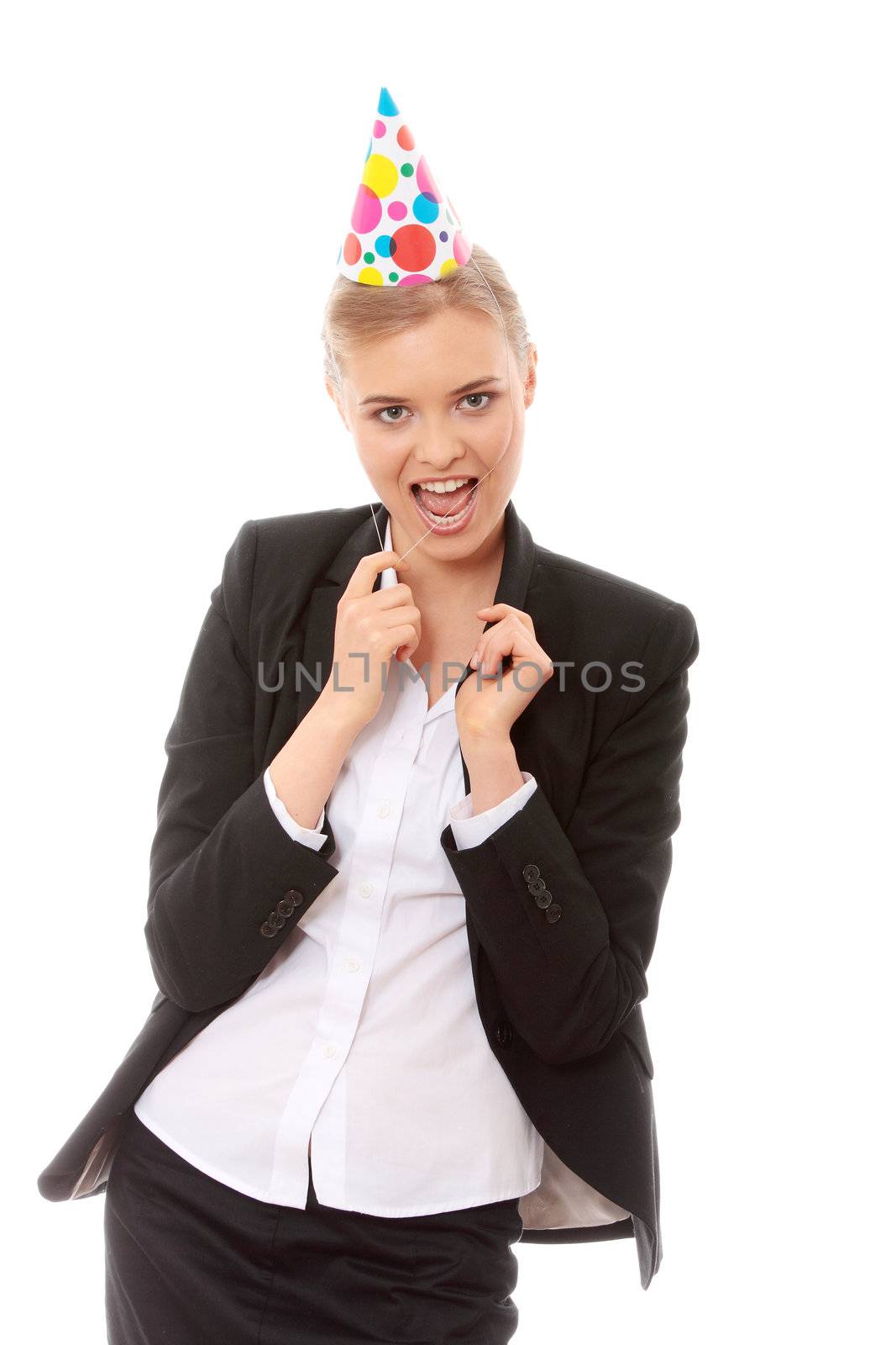 Young happy woman in business suit wearing party favors