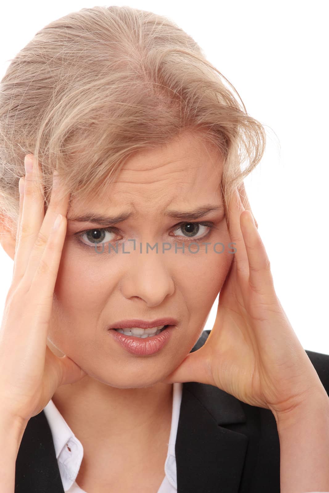 Young business woman with headache, isolated on white background