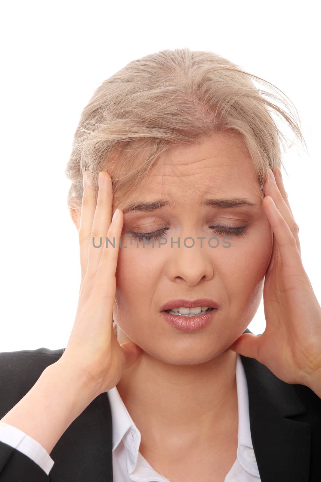 Young business woman with headache, isolated on white background