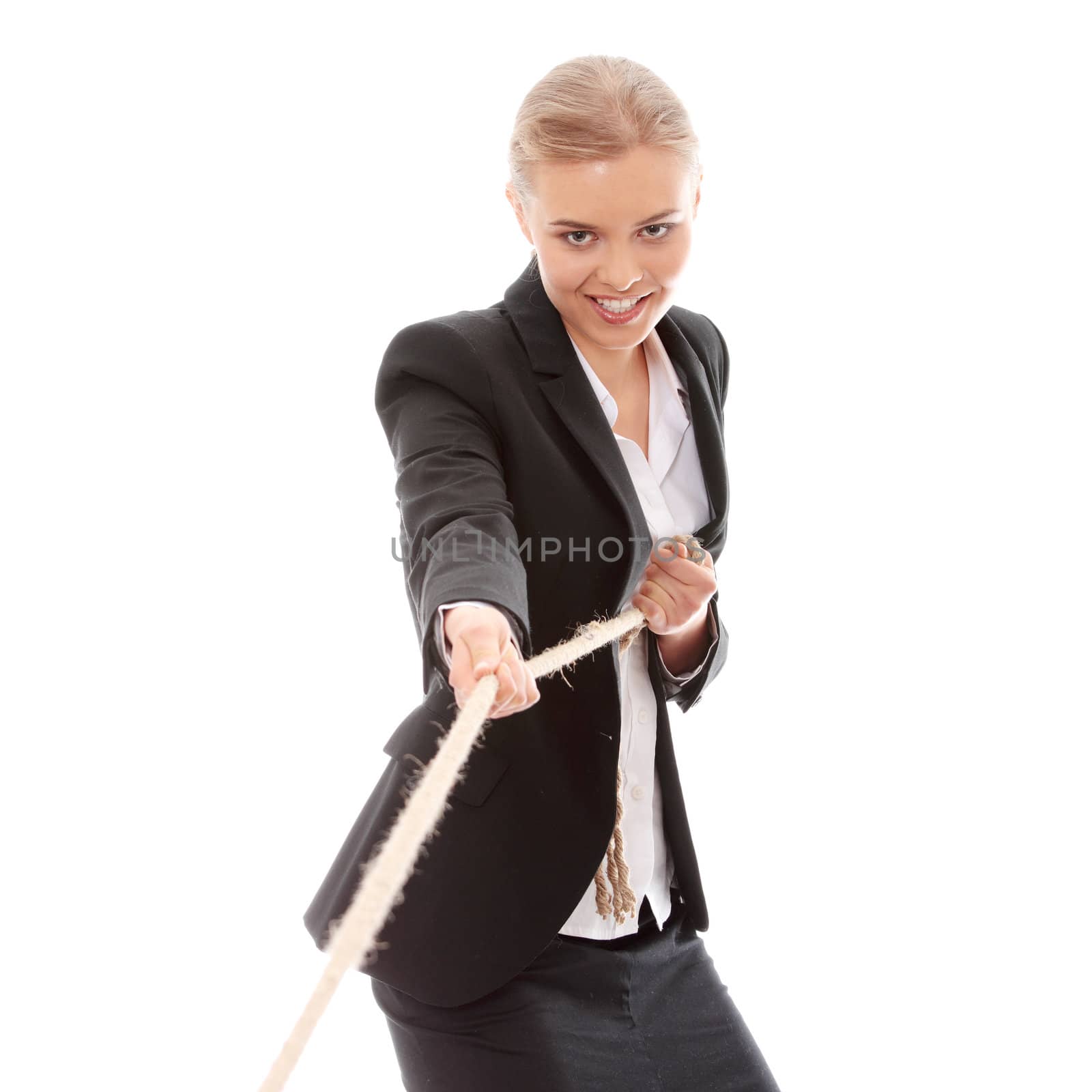 Businesswoman pulling on a piece of rope. Isolated on white