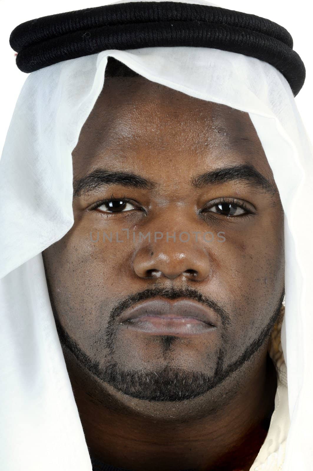 middle-eastern man with beard, in Arabian headress isolated on white