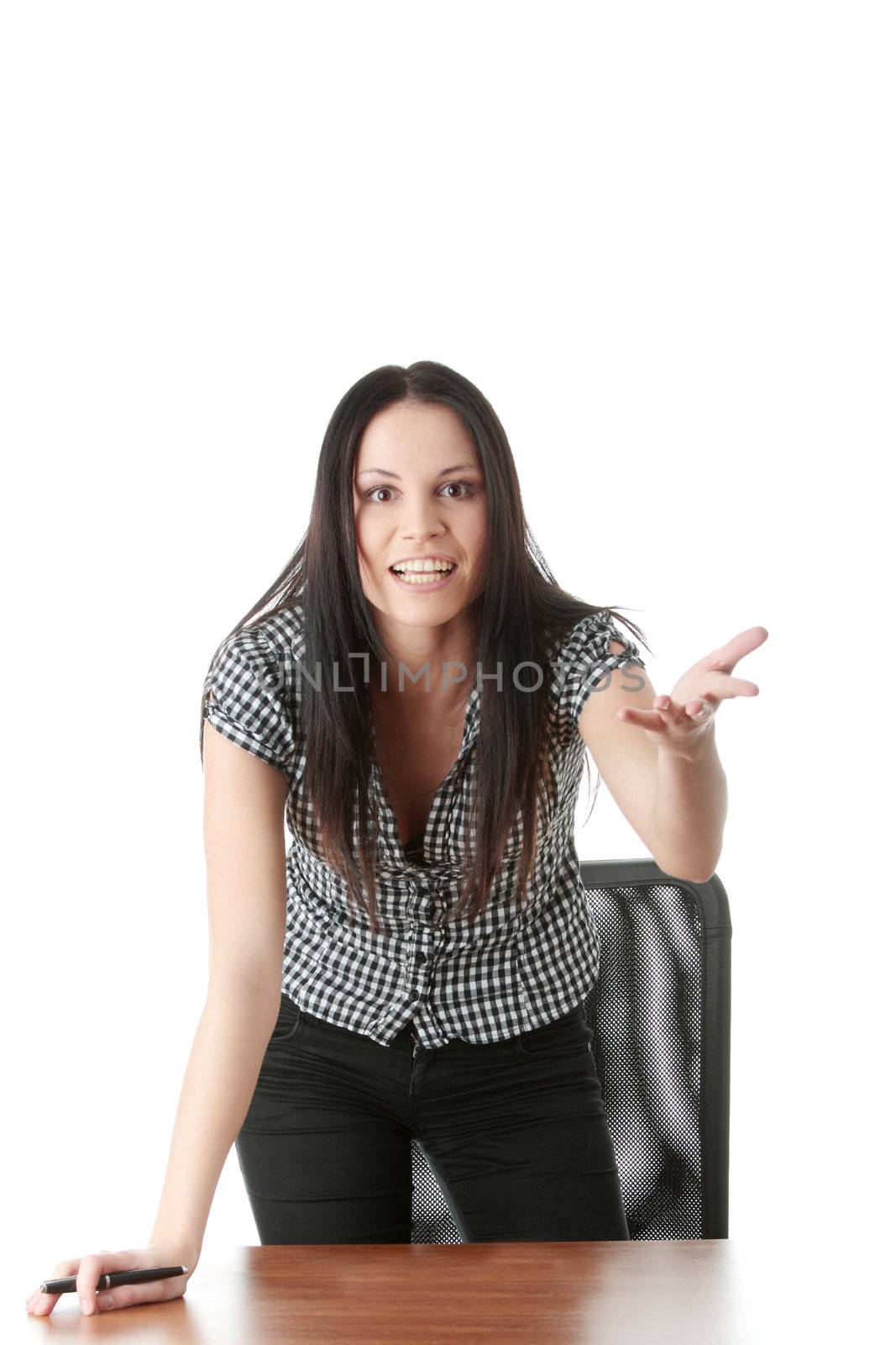 Angry businesswoman talking against a white background