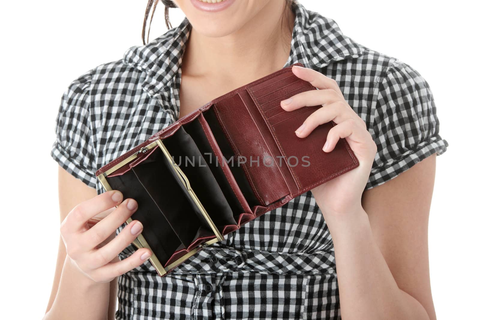 Young caucasian woman with wmpty wallet - broke