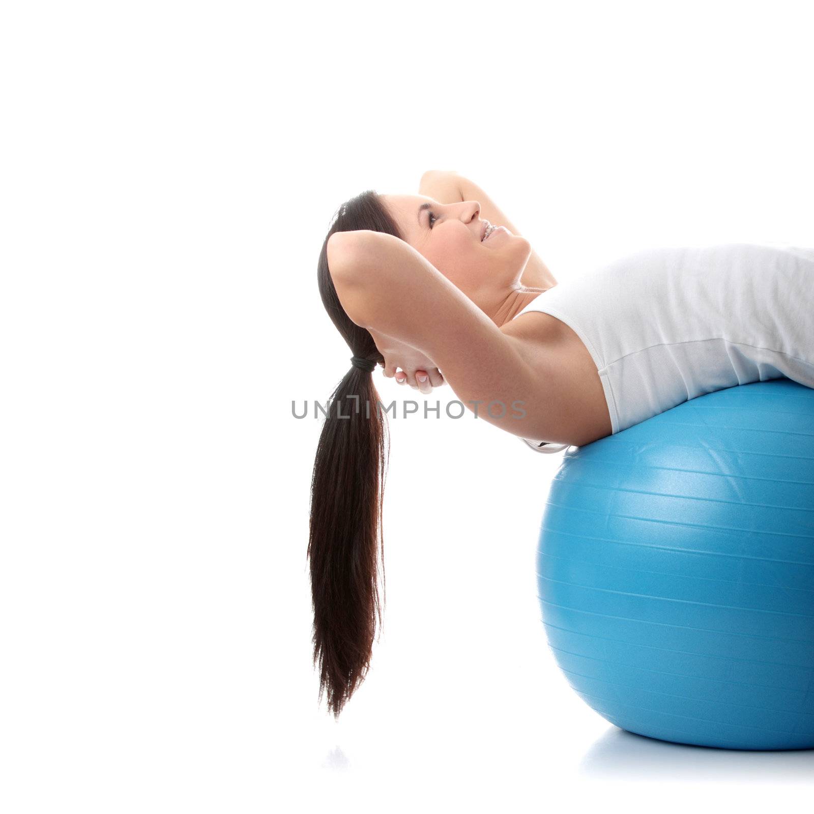 Young happy woman doing fitness exercise, isolated on white