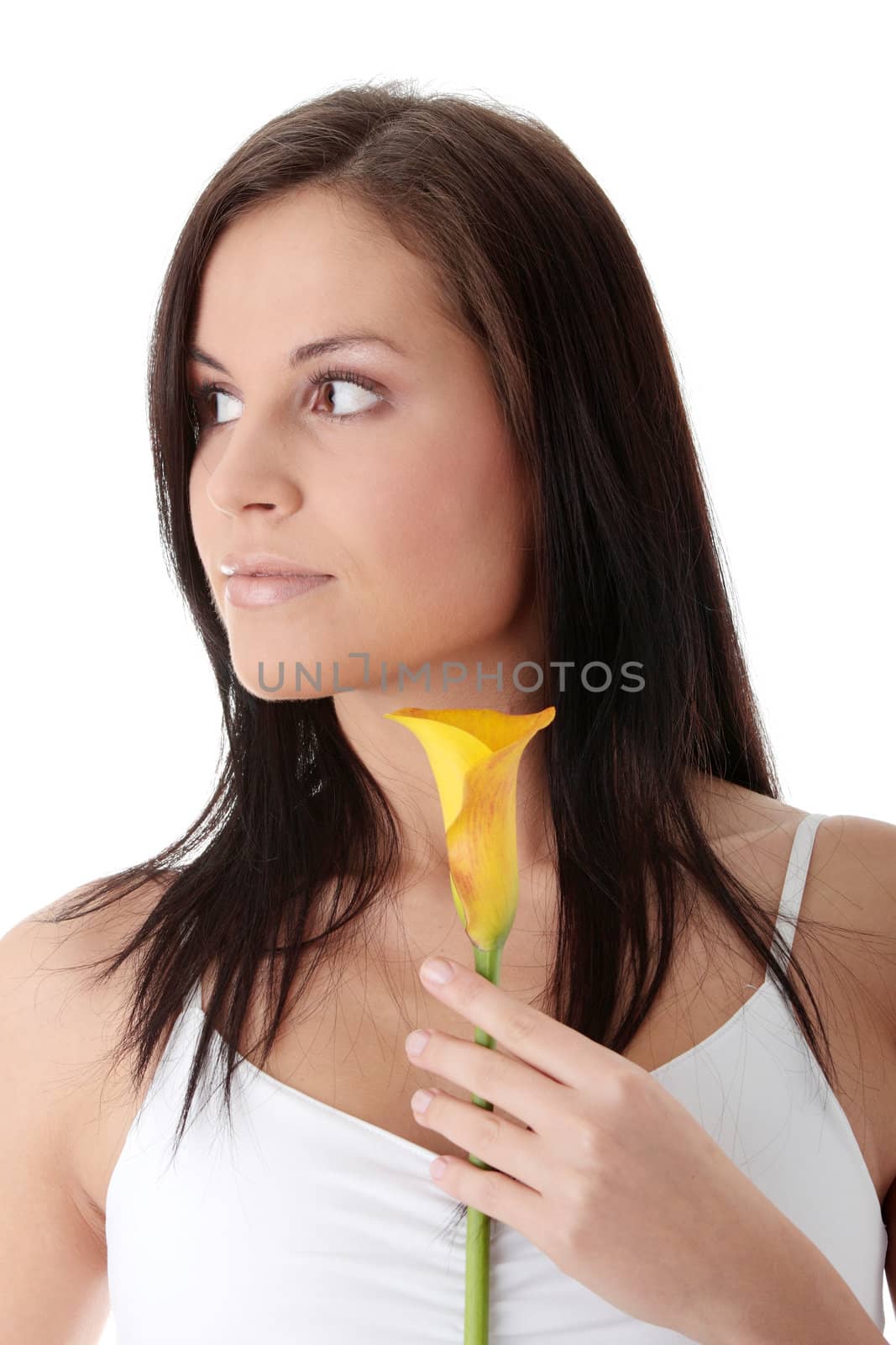 Young woman with calla isolated on white