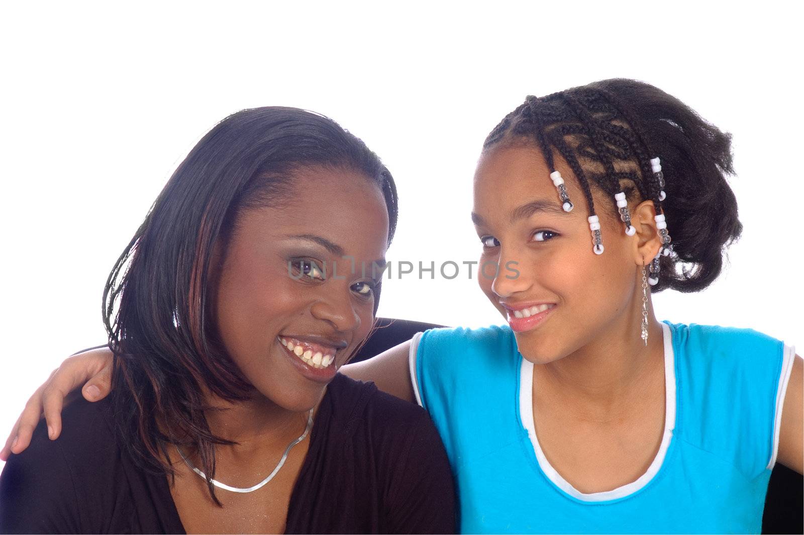 Black mother and teenager over white background