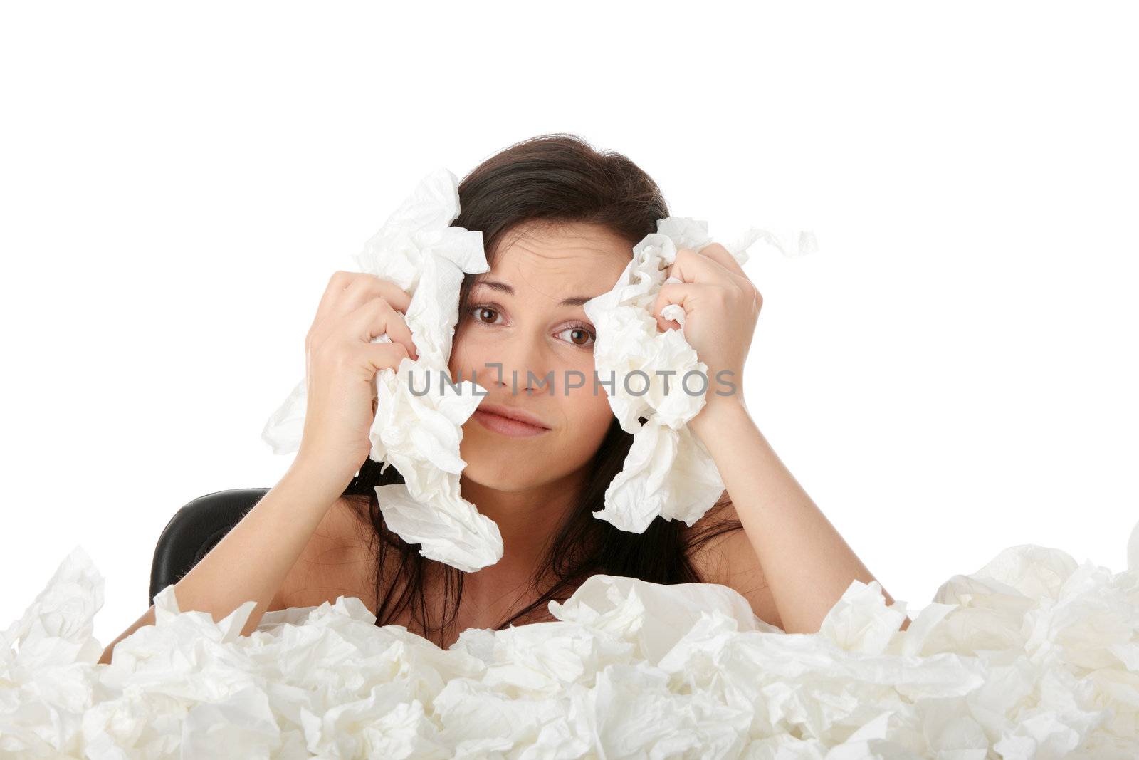 Young woman in lot of tissues around, ill, isoalted on white background