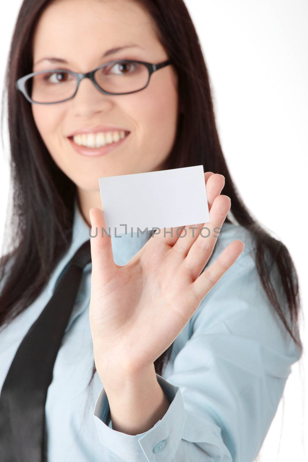 Young business woman with business card, isoalted on white