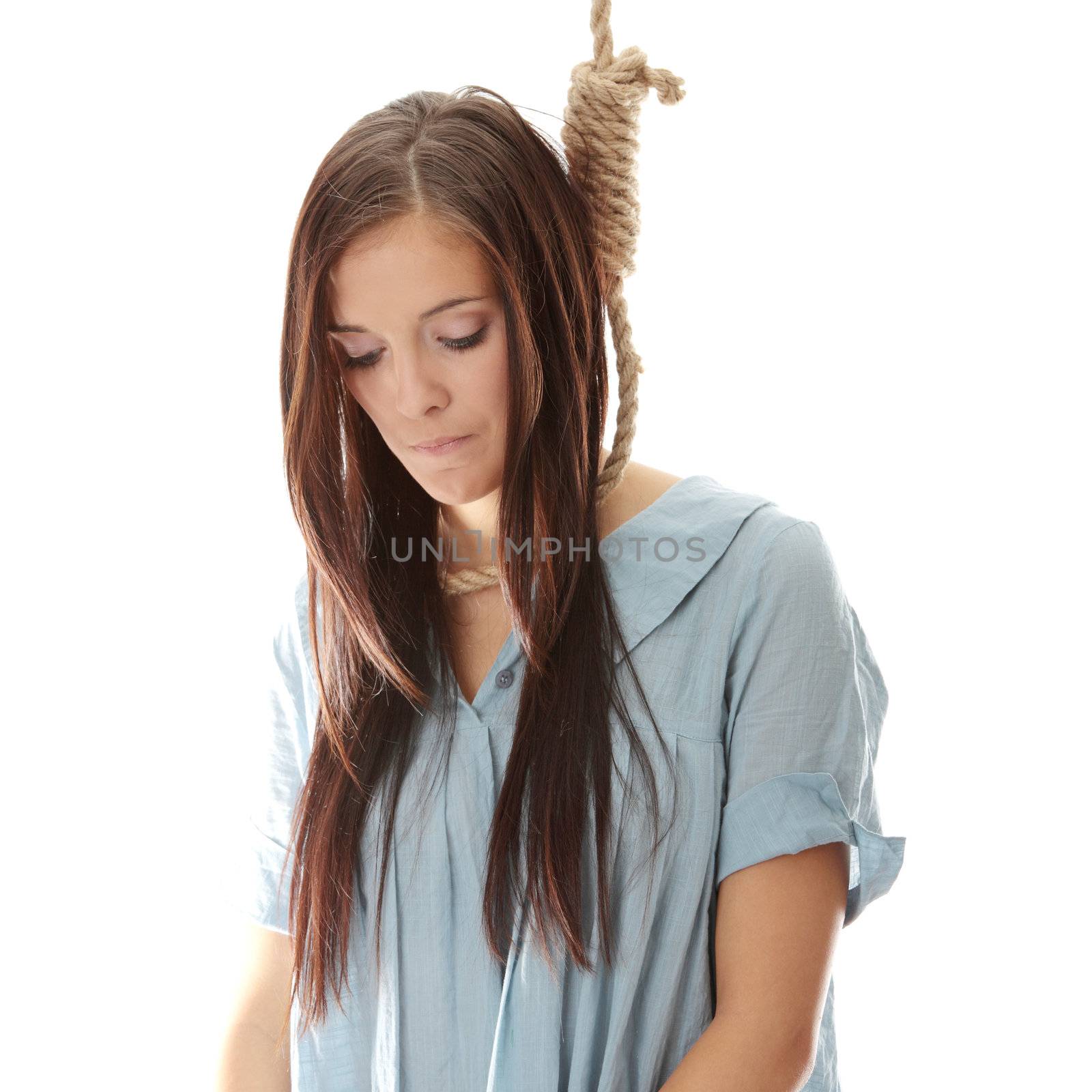 Young caucasian woman going to be hanged