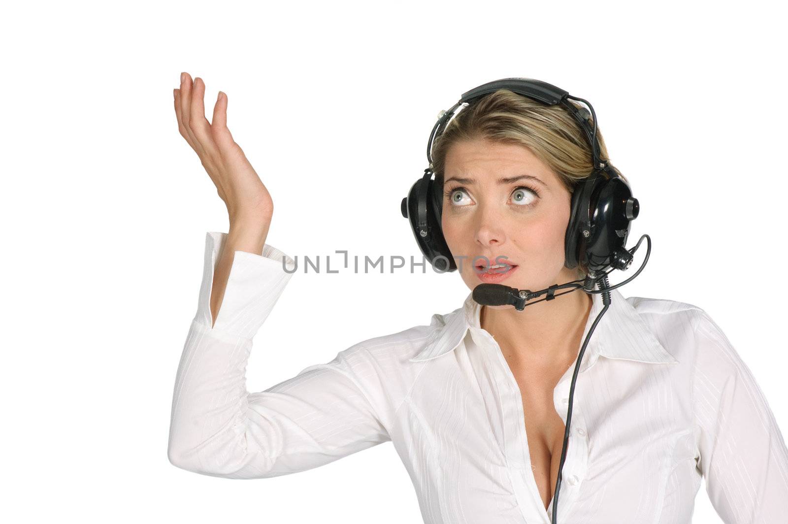female pilot or air traffic controller screaming over a white background