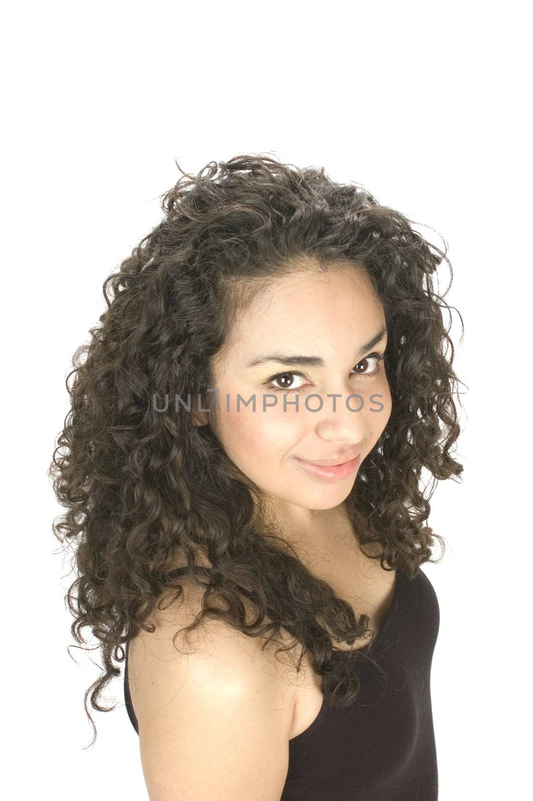 young Hispanic woman glancing to side isolated on white
