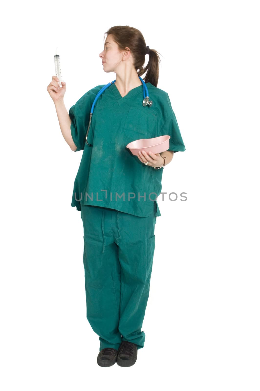 female nurse or doctor with syringe,  isolated on white
