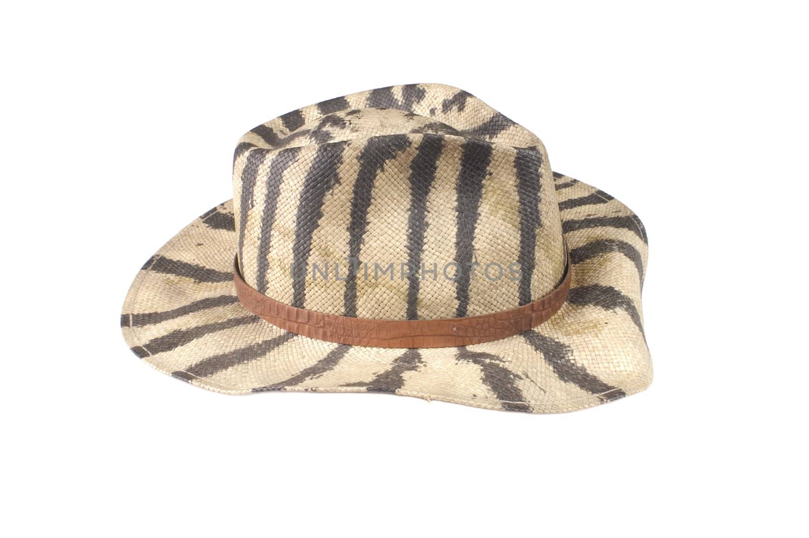 Camouflage straw hat with hatband isolated on a white background