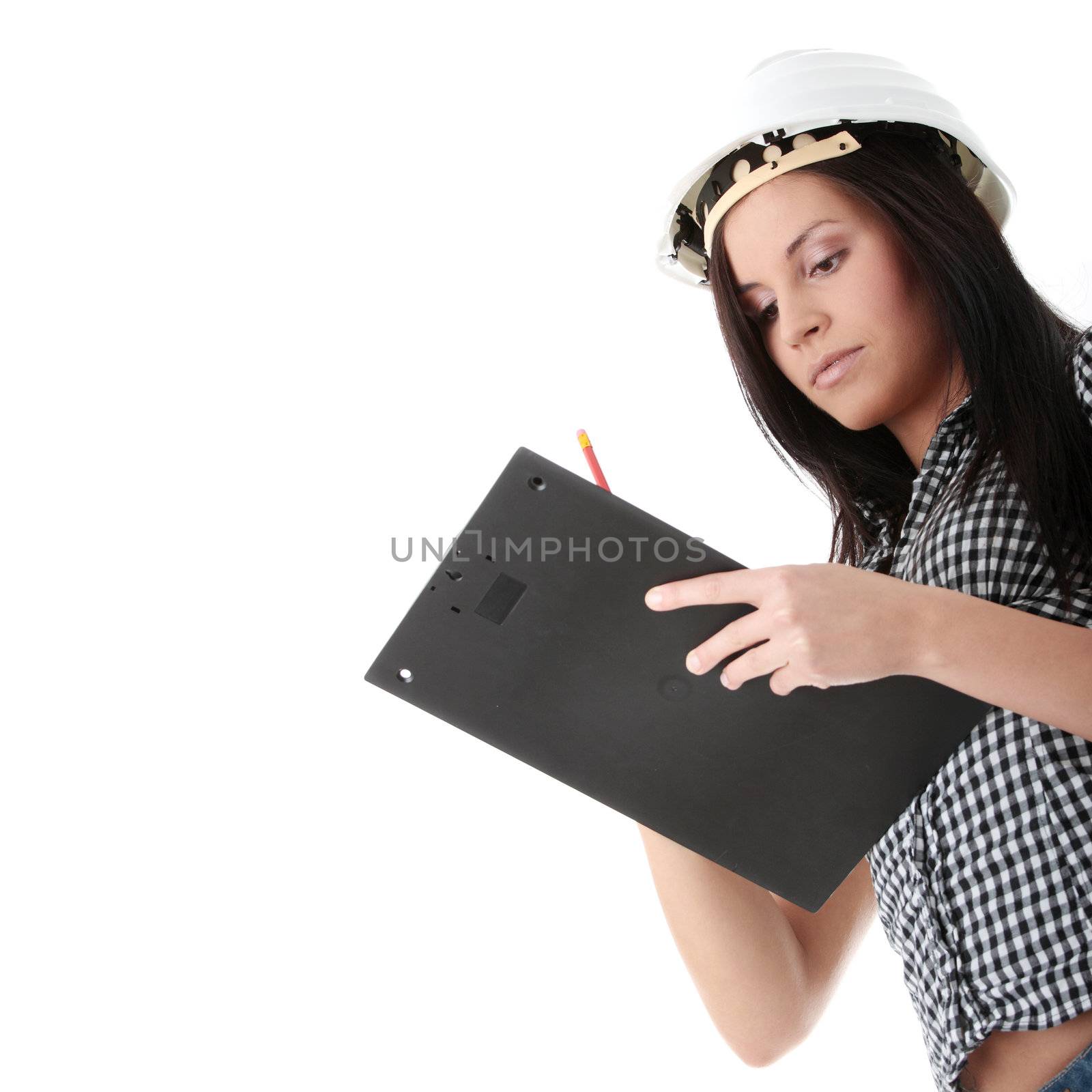 Engineer woman in white helmet isolated on white background