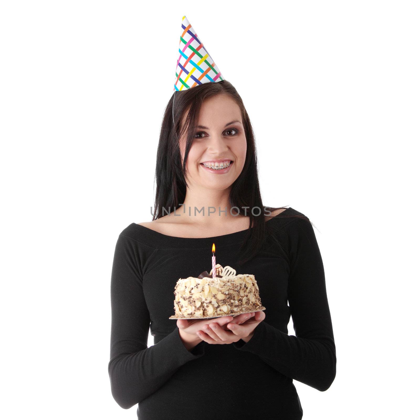 Beautiful young woman with birthday cake isolated on white background