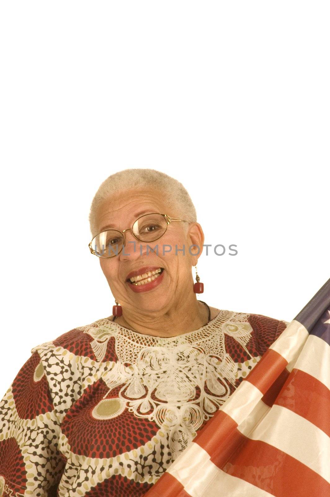 female African American patriot with flag isolated over white
