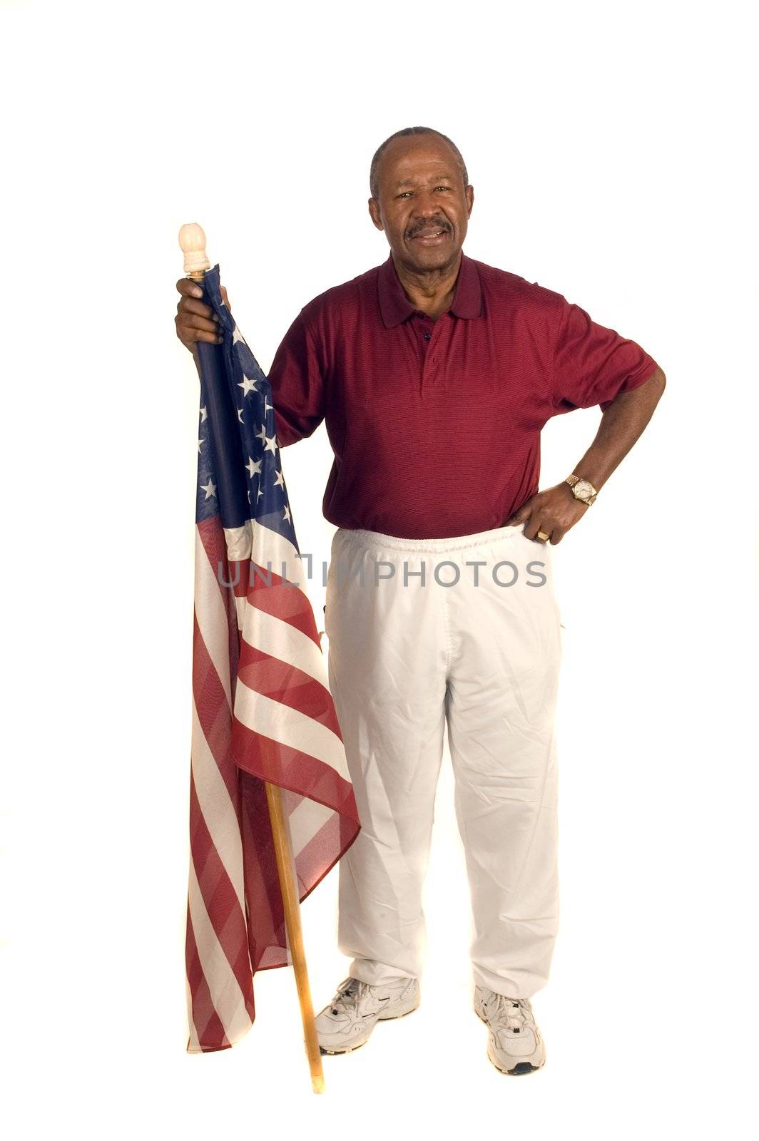African American patriot with flag isolated over white